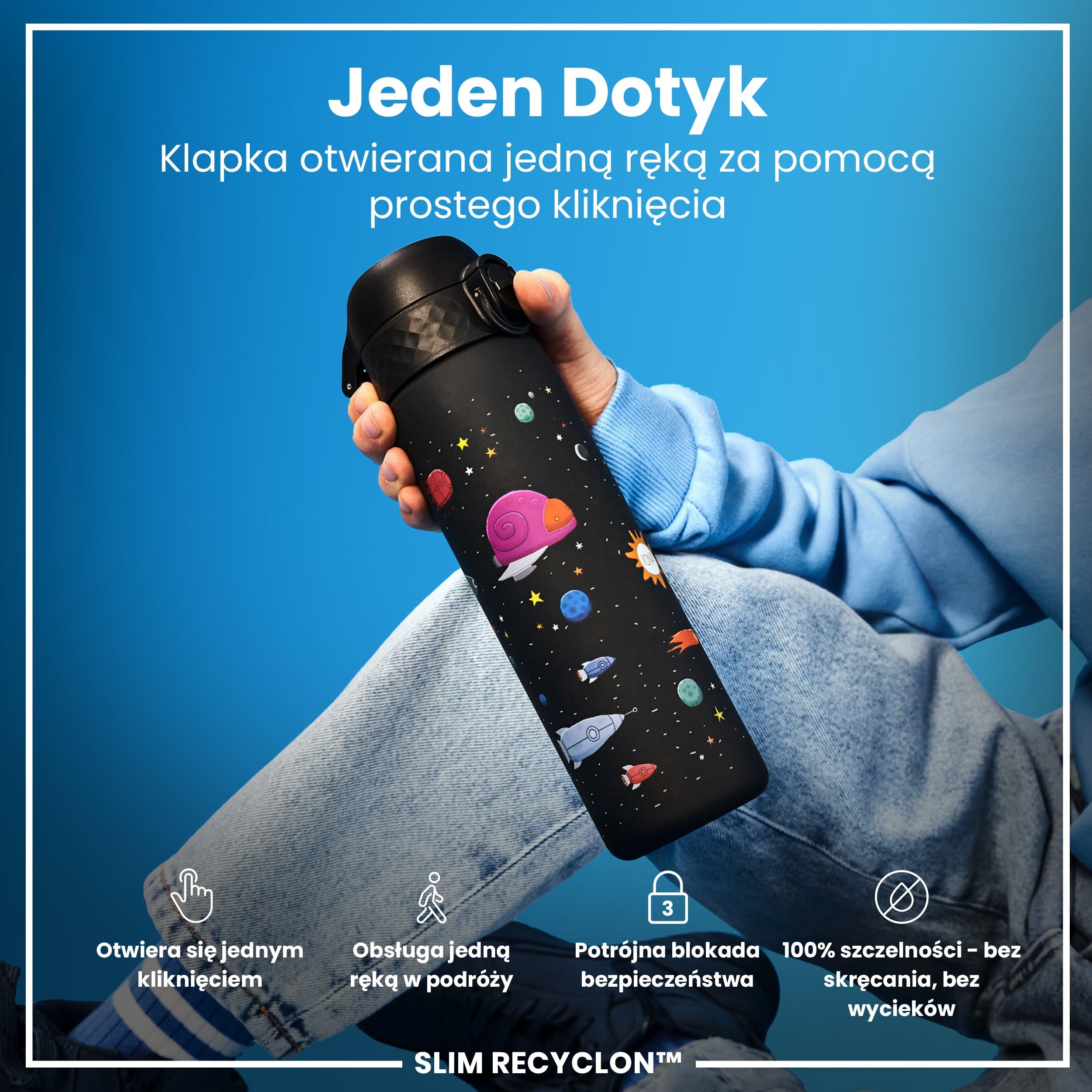 ION8 Butelka na Wodę, 500 ml/18 oz, Szczelna, Łatwe Otwieranie, Bezpieczny Zamek, Można Myć w Zmywarce, Bez BPA, Higieniczne Pokrycie, Uchwyt do Przenoszenia, Łatwa Czyszczenie, Statki Kosmiczne
