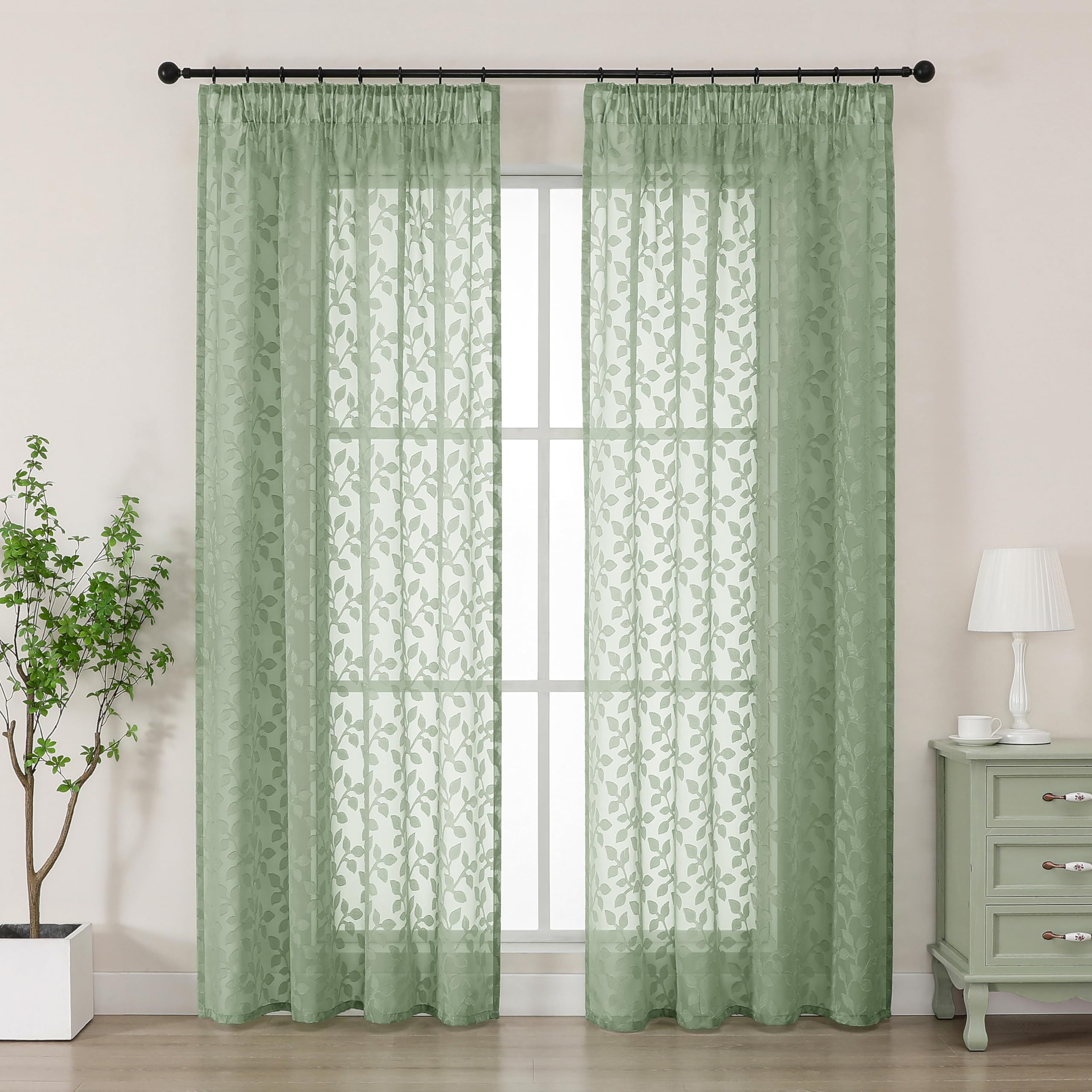 Simplebrand Sage Green Sheer Curtains Charlton Leaf 2 Panels W140 x L200cm, Clip Jacquard Pencil Pleat Drapes, Semi-Sheer Window Curtains for Living Room Patio Doors, Modern Decorative All Season โ image 1