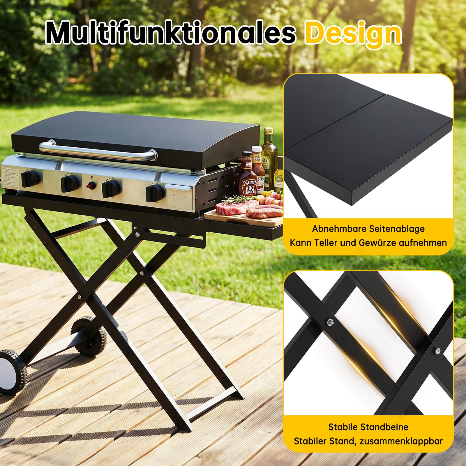 LIFERUN 4 Brenner Gasgrill Edelstahl(9.6kW) inkl. Grilltisch Klappbar, Tragbarer Tischgasgrill mit Separatem Grillständer, Gas Plancha Tischgrill mit Deckel & Grillwagen, für Camping, Terrasse, BBQ