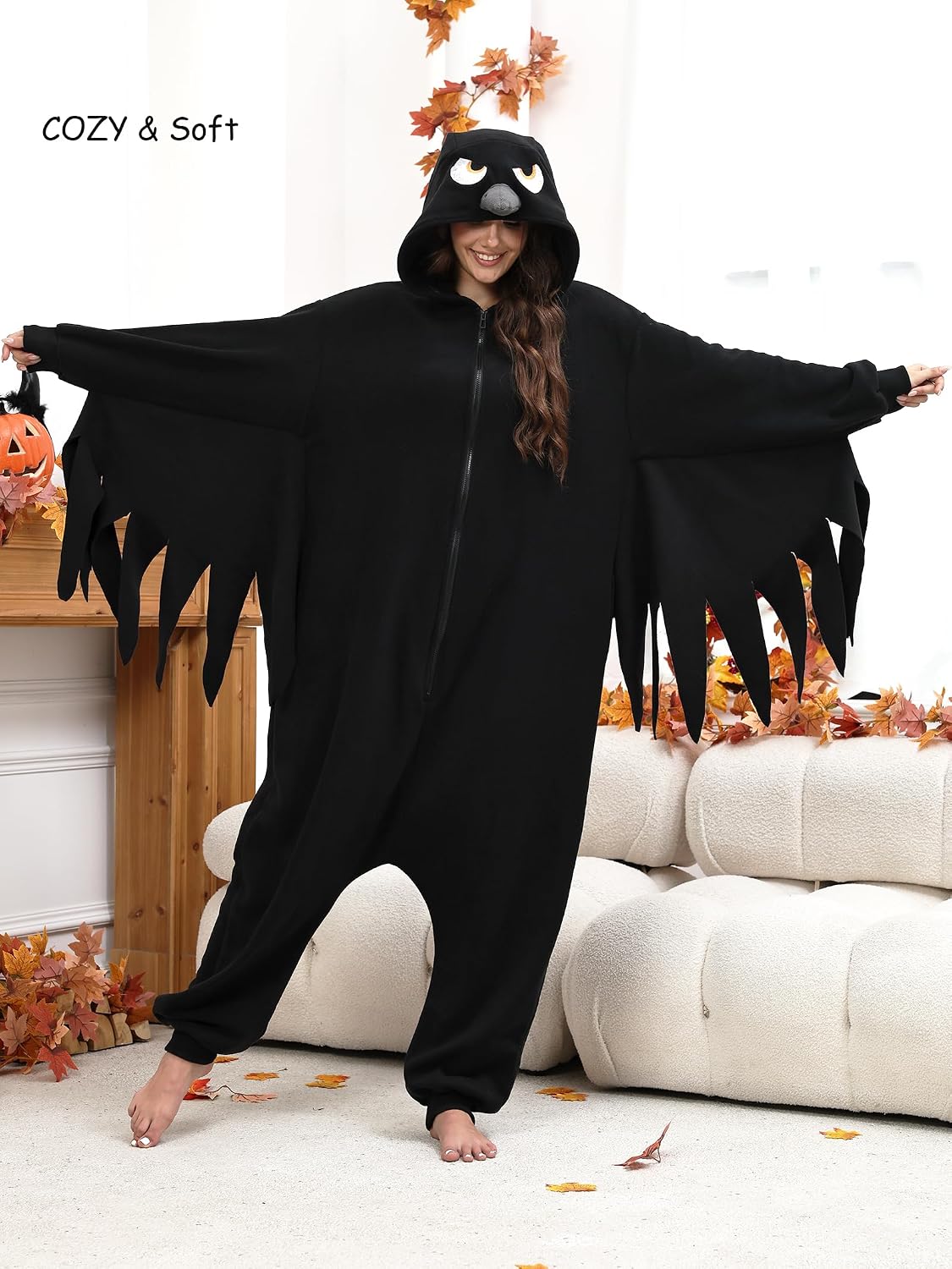 Raven Costume Adult Women Men Bird Costume Crow Costume Onesie Halloween