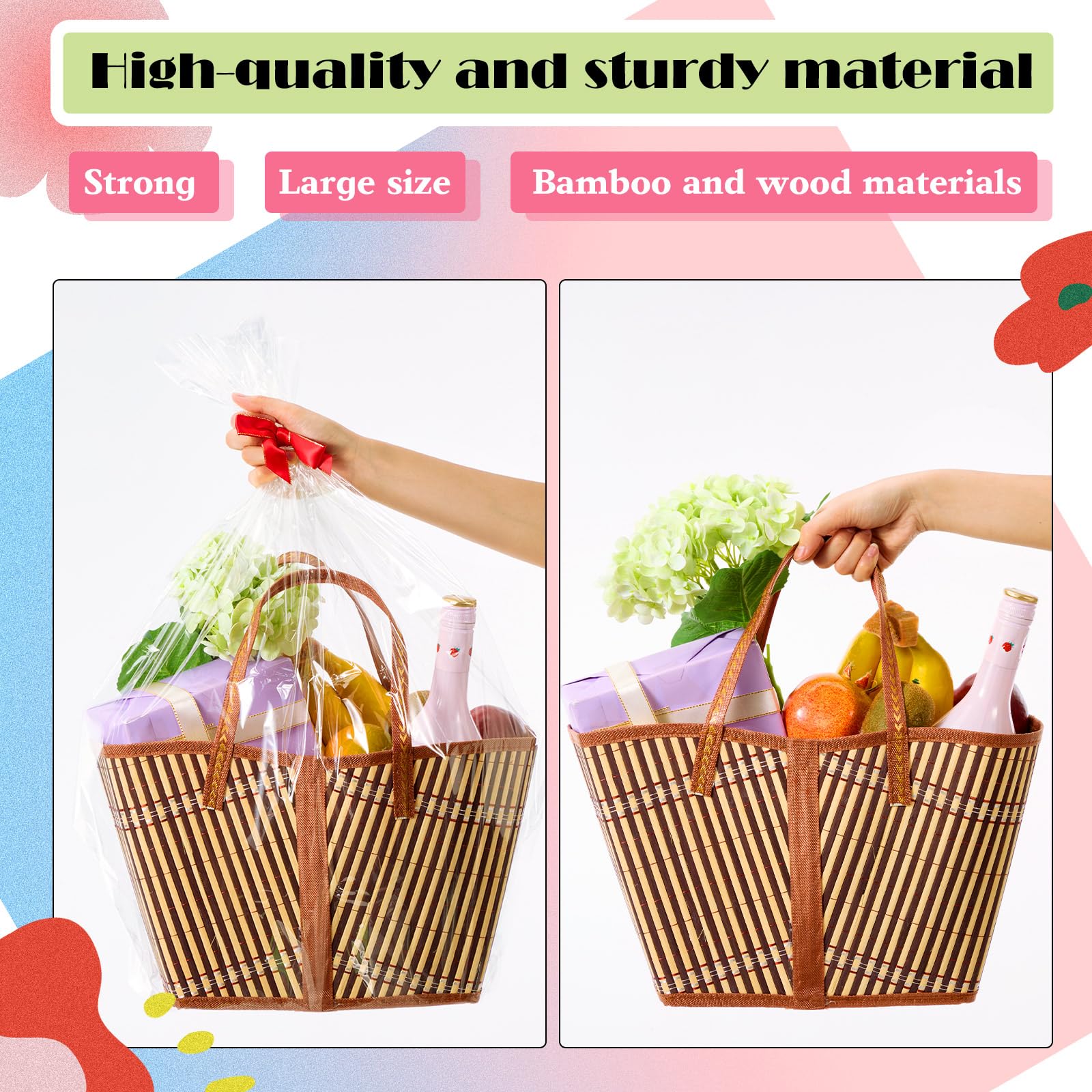 Quzzil Set di 6 cesti per regali vuoti, robusti e grandi, in bambù, con manico, con fiocco rosso da riempire per festa del papà, Natale, matrimoni, baby shower, compleanni, biglietti regalo