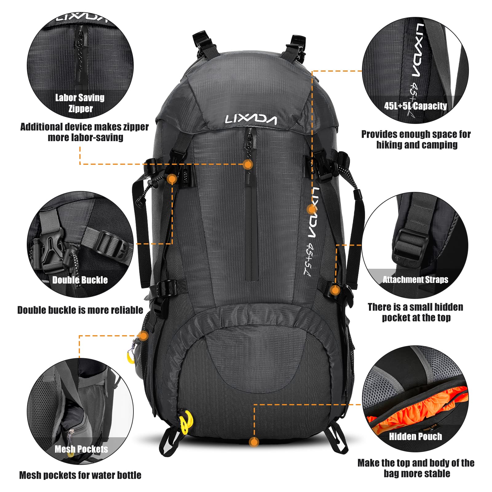 Lixada Sac à Dos de Randonnée, 50L Sac à Dos avec Housse de Protection Imperméable Ultraléger pour Alpinisme Escalade Trekking Sport Voyage Camping