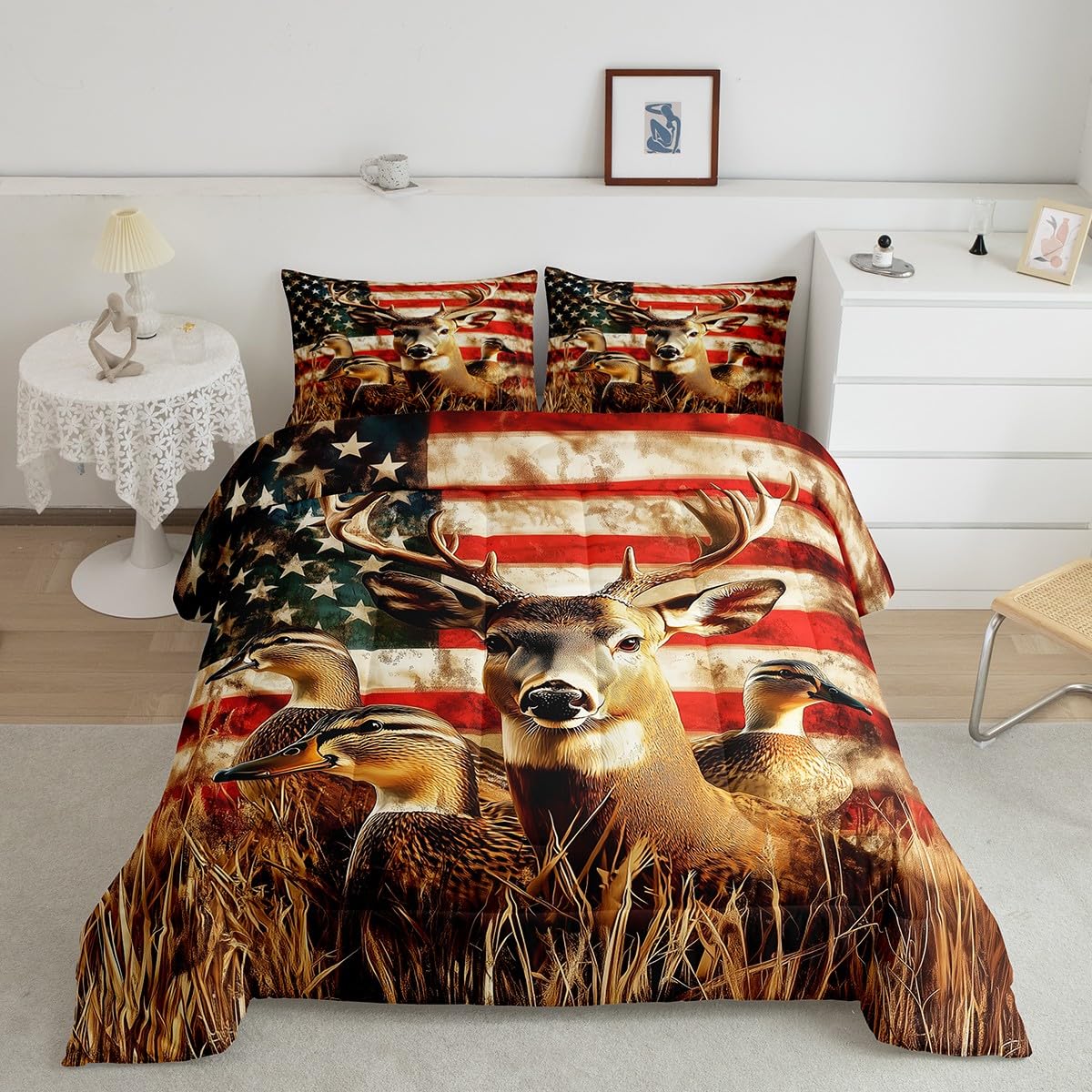 Amercian Flag King Bedding Set,Deer Hunting Comforter Set for Boys Teens Kids Rustic Duck Country Cabin Jungle Down Comforetr,Farmhosue Woodland Camouflage Wildlife Animal Bed Set,Red And Blue