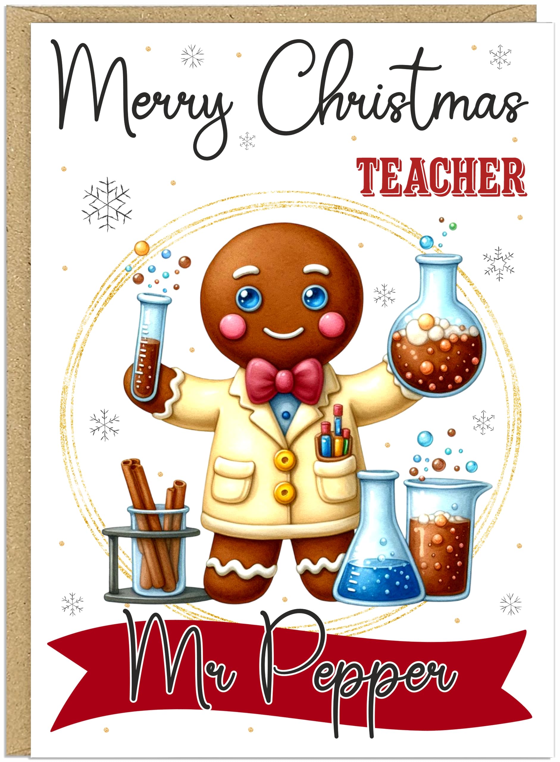Personalised Gingerbread Christmas Cards for Teachers from Parents Students Colleagues - Own Name School Professions A5 Thank You Cards (Art Maths PE Science Music & More) (Science Teacher)