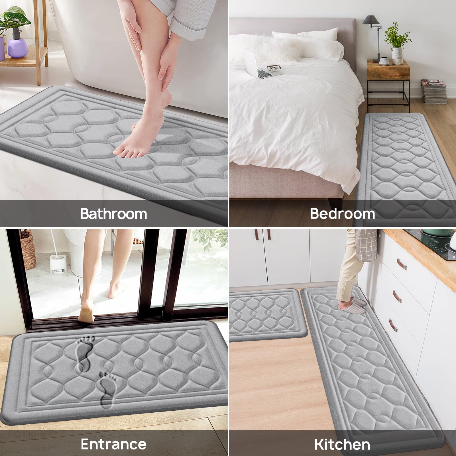 Juego de alfombras de baño de espuma viscoelástica, 2 piezas, ultra suaves, grises, antideslizantes, absorbentes de agua, lavables a máquina, de secado rápido, alfombras de baño para baño, bañera,