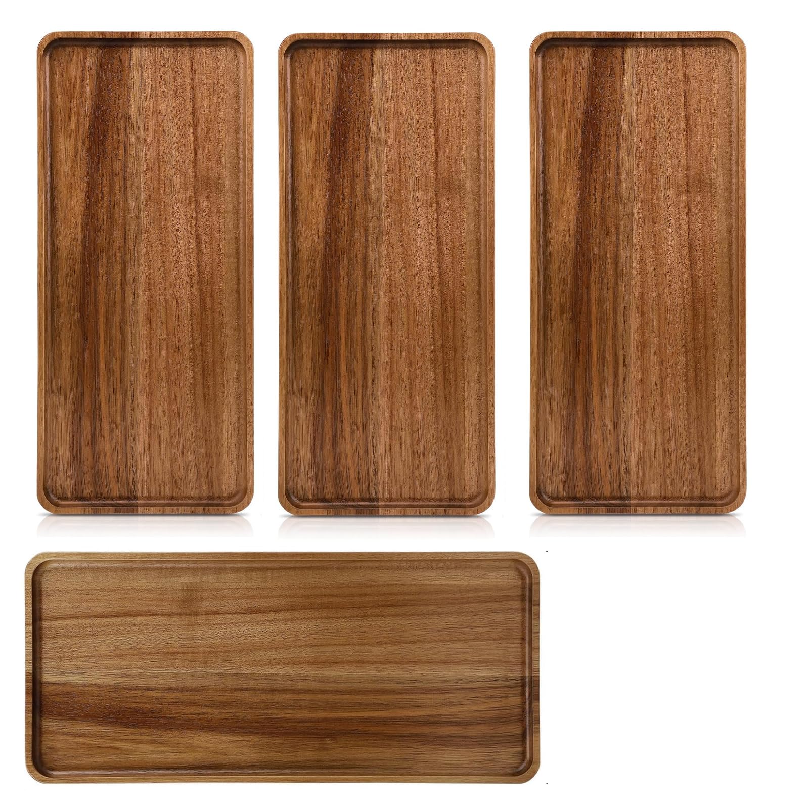 MEIDIV 4pcs Wooden Serving Tray, 36x14x1.5CM Serving Platter with Raised Edge, Wood Serving Boards for Food Serving, Acacia Wood Tray for Snack Breakfast Sushi Coffee Tea Appetizer