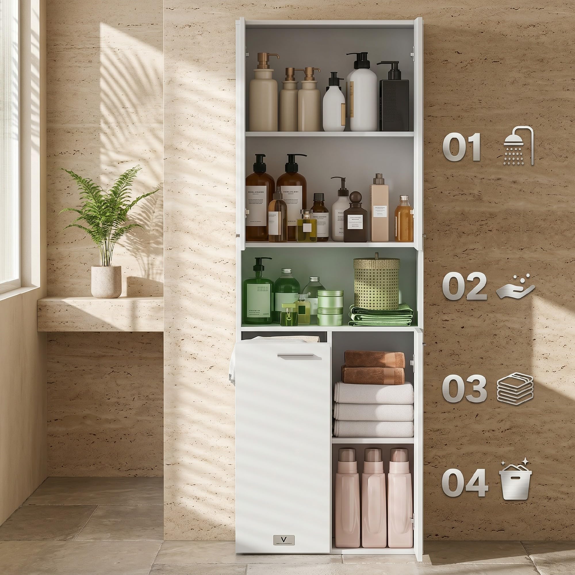 HOMCOM Badezimmerschrank Badschrank Wäschekorb 60 x 30 x 174 cm Weiß