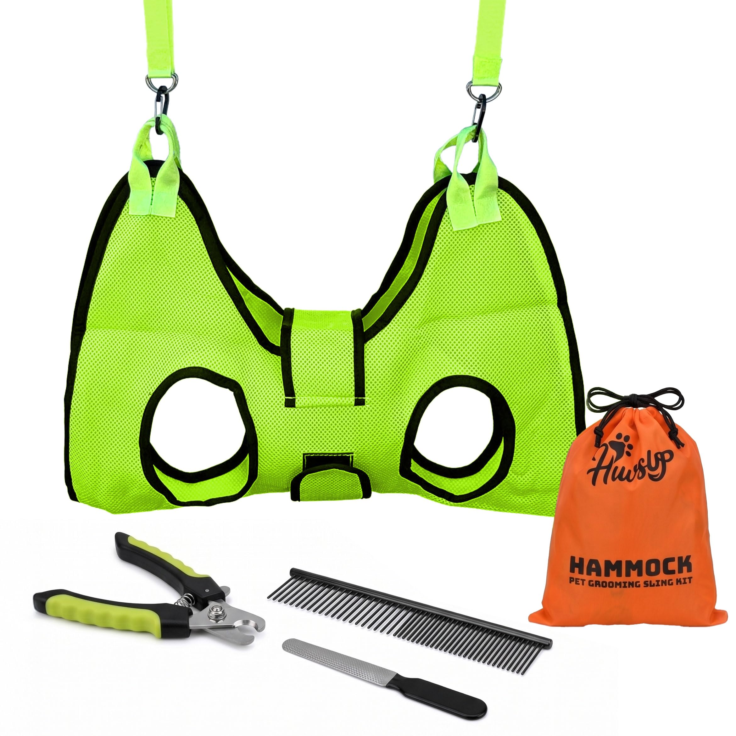 PawsUp Haustierpflege-Hängematten-Set für große Hunde, 4-in-1 professionelles Pflegeschlinge zum Nageltrimmen, inklusive robustem Clipper, Nagelfeile und Stahlkamm, Grün