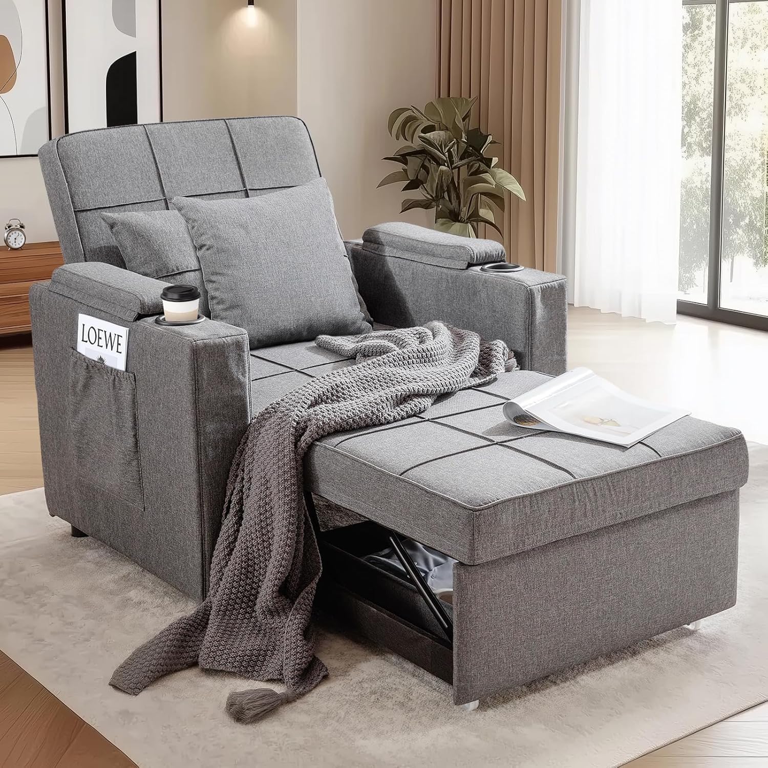 LUCKLIFE 3-in-1 Sleeper Chair Bed,Pull-Out Convertible Sofa Bed Armchair with Cup Holders,Side Pocket and Under-Bed Storage for Living Room&Bedroom (Grey)