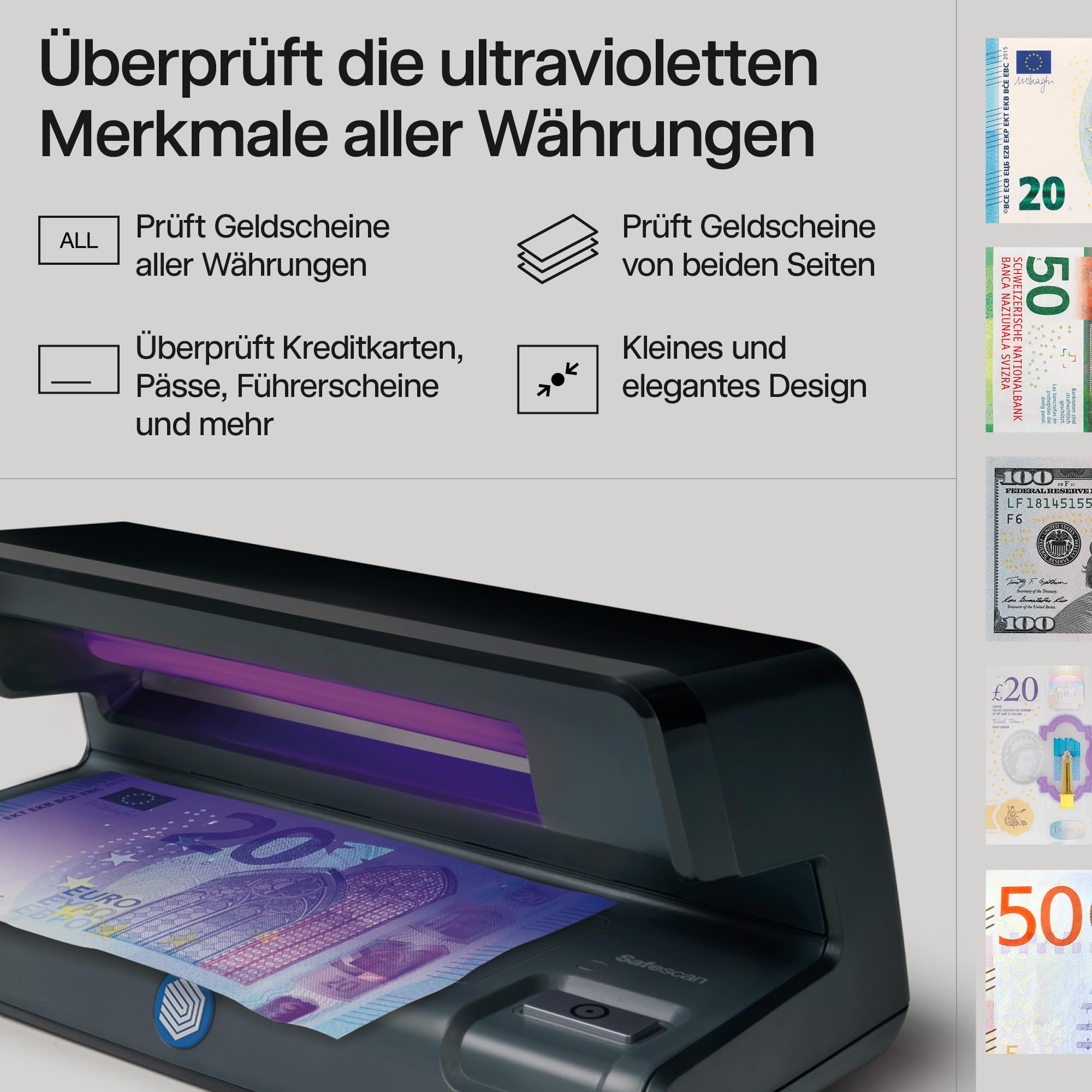 Safescan 50 UV-Falschgeldprüfgerät zur Prüfung von Banknoten, Kreditkarten und Ausweisen - UV-Geldscheinprüfer für neue Banknoten mit UV-Licht - UV-Geldscheinprüfer