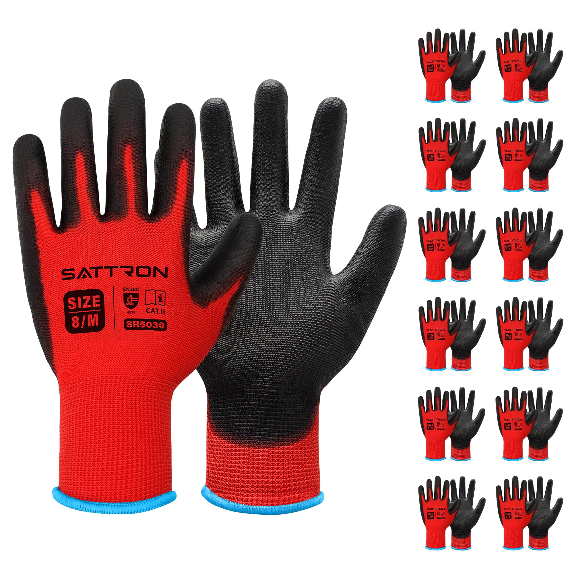 Safety Work Gloves PU Coated, 12 Pairs Seamless Knit Gloves with Polyurethane Coating Working Gloves Excellent Grip for Men & Women, Breathable, Ideal for General Duty Work DIY (Red, Medium)