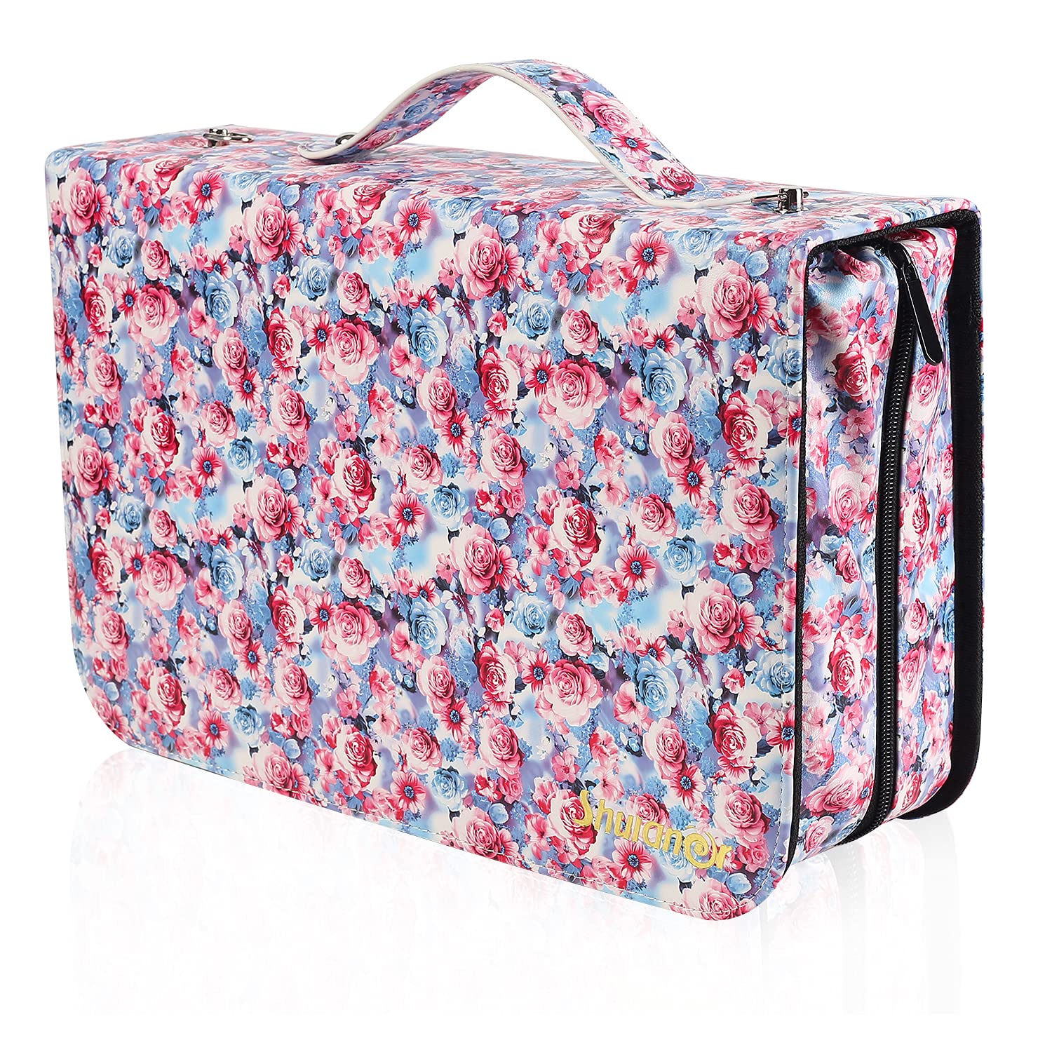Shulaner Federmäppchen mit 180 Fächern, Blätterdruck, Buntstiftehalter, großes Fassungsvermögen, tragbares Federmäppchen, Organizer (rosa Blume, 290)