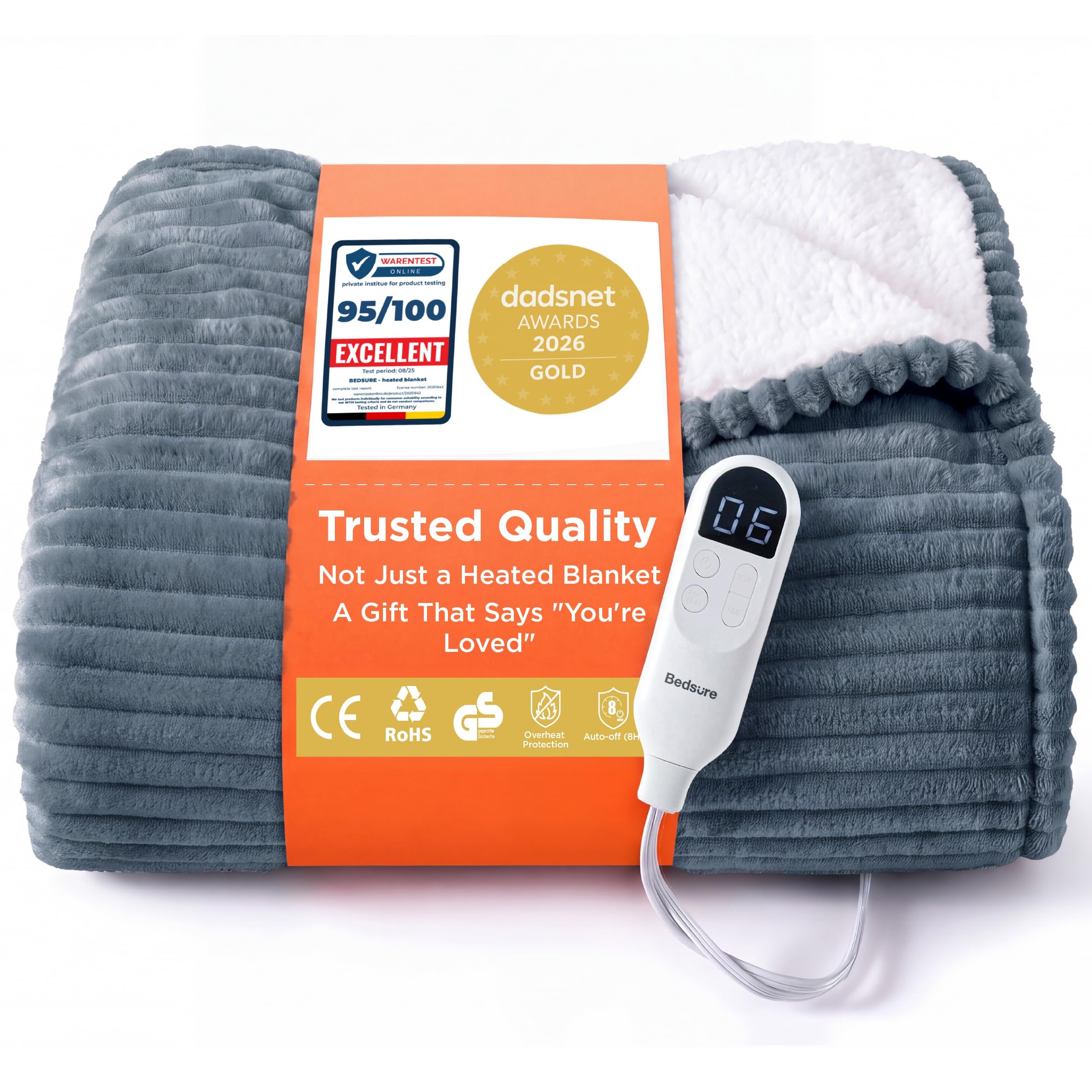 Bedsure Electric Blanket Heated Throw - Ribbed Flannel 130x180cm, Grey