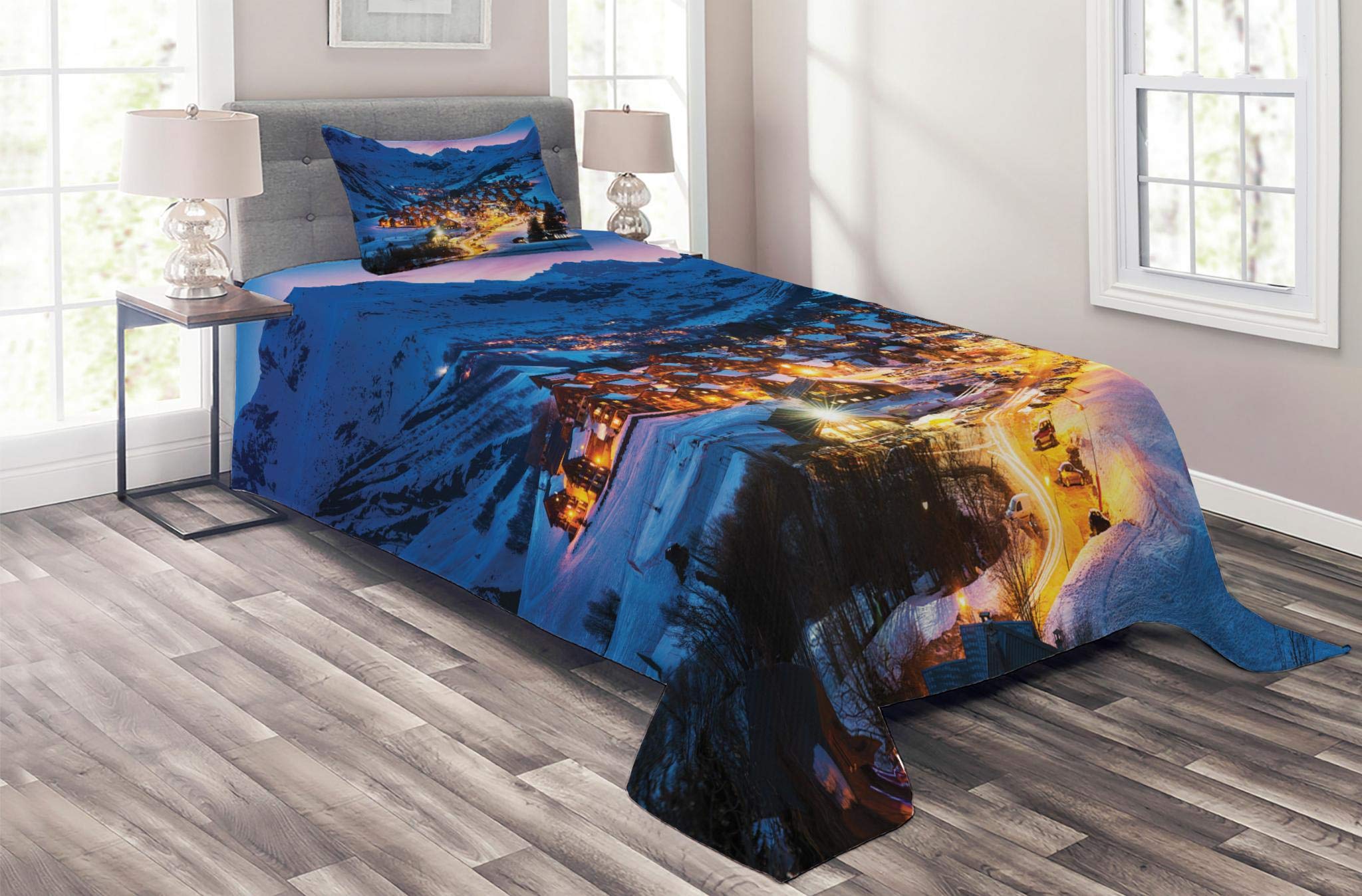 Lunarable European Coverlet Set Twin Size, Evening in French Alps with Cars in Winter Frozen Lands P