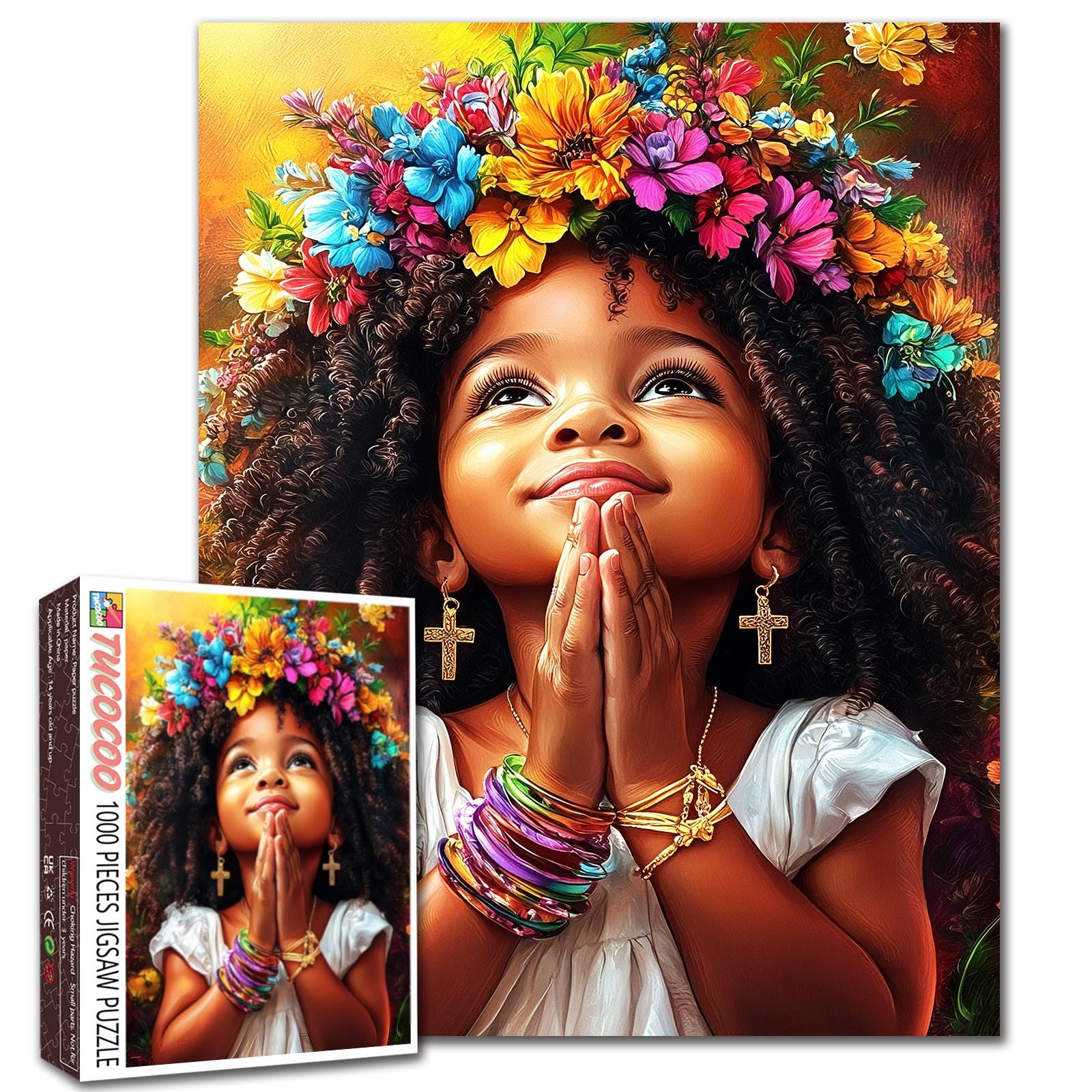 African American Girl Jigsaw Puzzles for Adults 1000 Pieces Prayer Afro Girl Portrait DIY Puzzles for Family Activity Games Black Girls Art Jigsaw Puzzles African Wall Decor Gifts 19.7 x 27.6 Inch