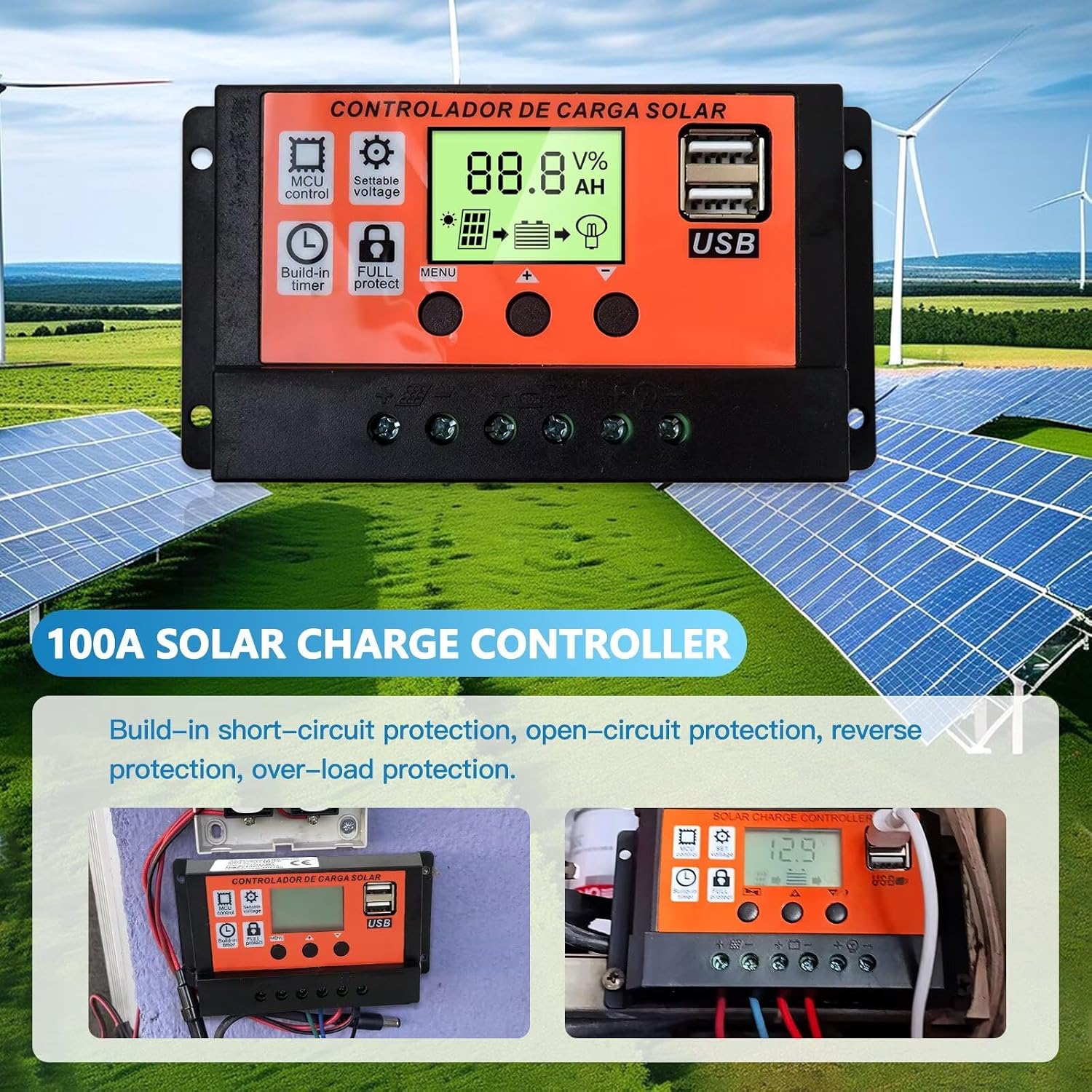 Premium MPPT Solar Charge Controller 100A 12V/24V Auto Solar Panel Intelligent Regulator with Dual USB Port LCD Display Orange