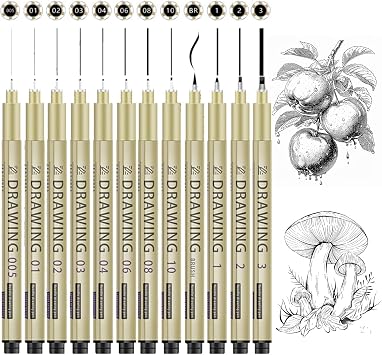 12 PCS Fineliner Pens, Micron Pens, Technical Pens Different Nibs, Waterproof Fine Liner Pens Black for Drawing, Writing, Calligraphy, Illustration, Sketching, FineLiner Pen for Artists Students, Art