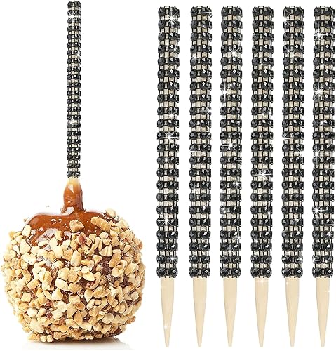 32 palitos de bambú de manzana con forma de caramelo, brochetas puntiagudas de madera de manzana caramelo con diamantes de imitación, envoltura de