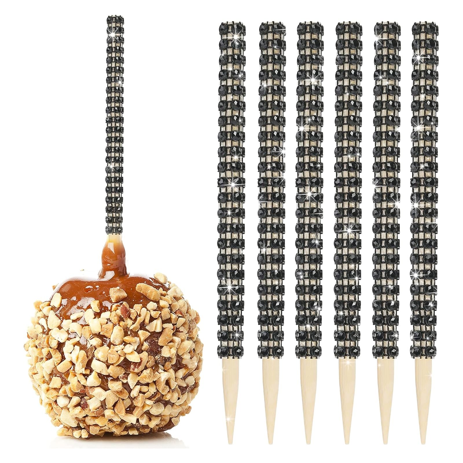 32 PCS Bling Candy Apple Bamboo Sticks, Caramel Apple Wooden Pointed Skewers with Rhinestones Diamond Mesh Wrap, Fruit Treats Pop Dec Bar for Dessert