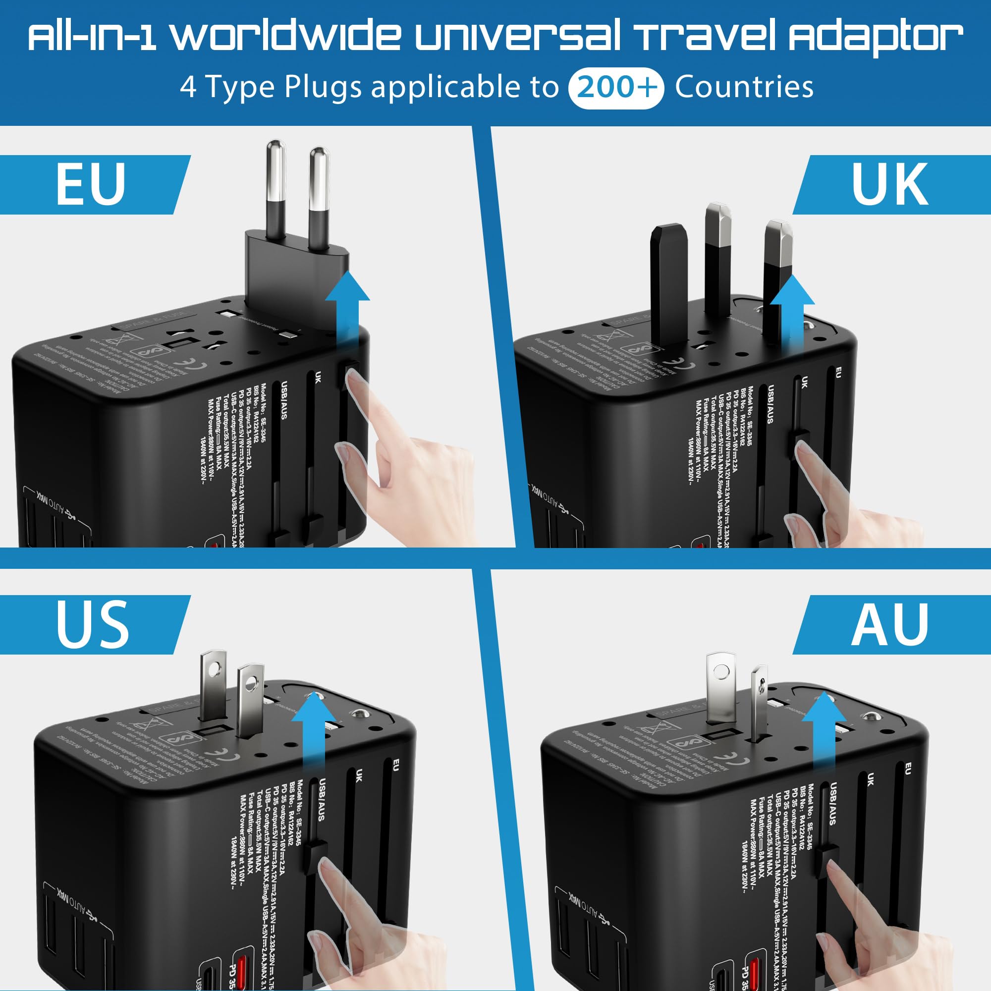 SeCro 6 in 1 Universal Charger Adapter, | 35W PD Fast Charger | 10 Years Warranty | International Travel Adapter with PD, Type C & 3 USB Ports | Worldwide Travel Charger Support +150 Countries — Amazon image 6