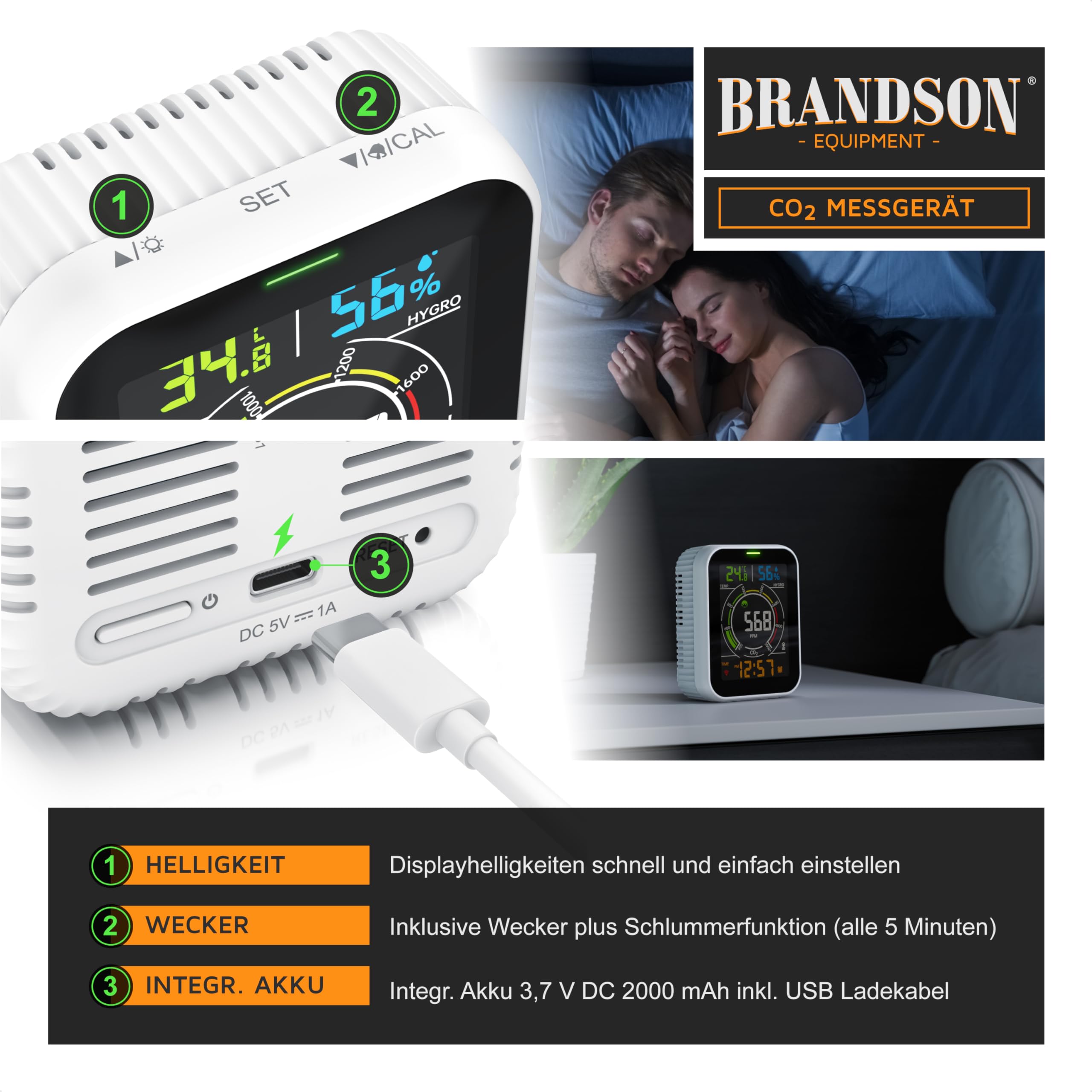 Brandson - Detector de CO2 WiFi - Medidor WiFi Comprobador de Calidad del Aire - Sensor de dióxido de Carbono Medición PPM - Tuya Smart Home - Recomendación de ventilación de Aire - Temperatura