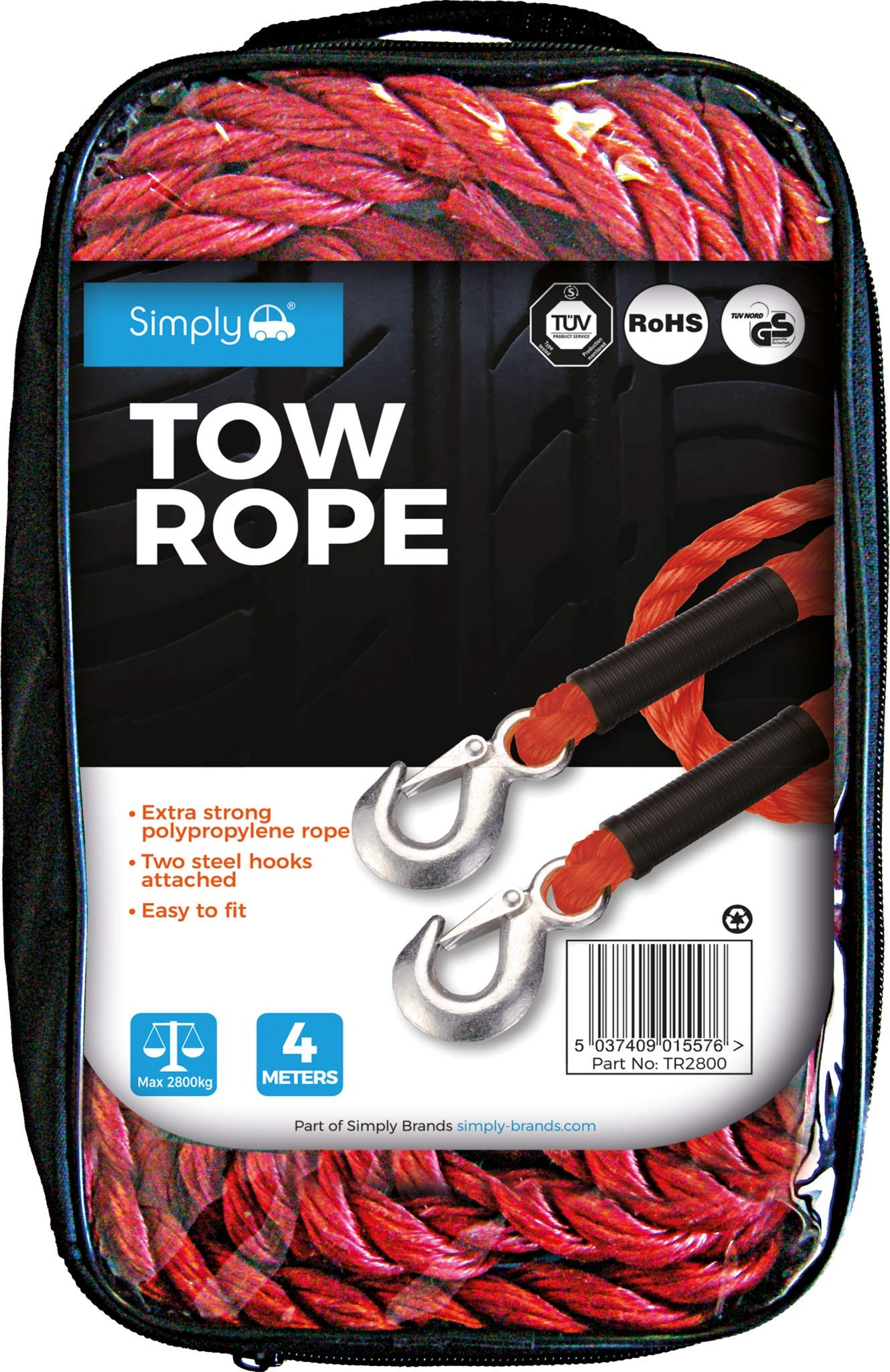 SIMPLY TR2800 Red Tow Rope – 4 Meters, 2800kg Capacity, Spring Snap Hooks, Polypropylene