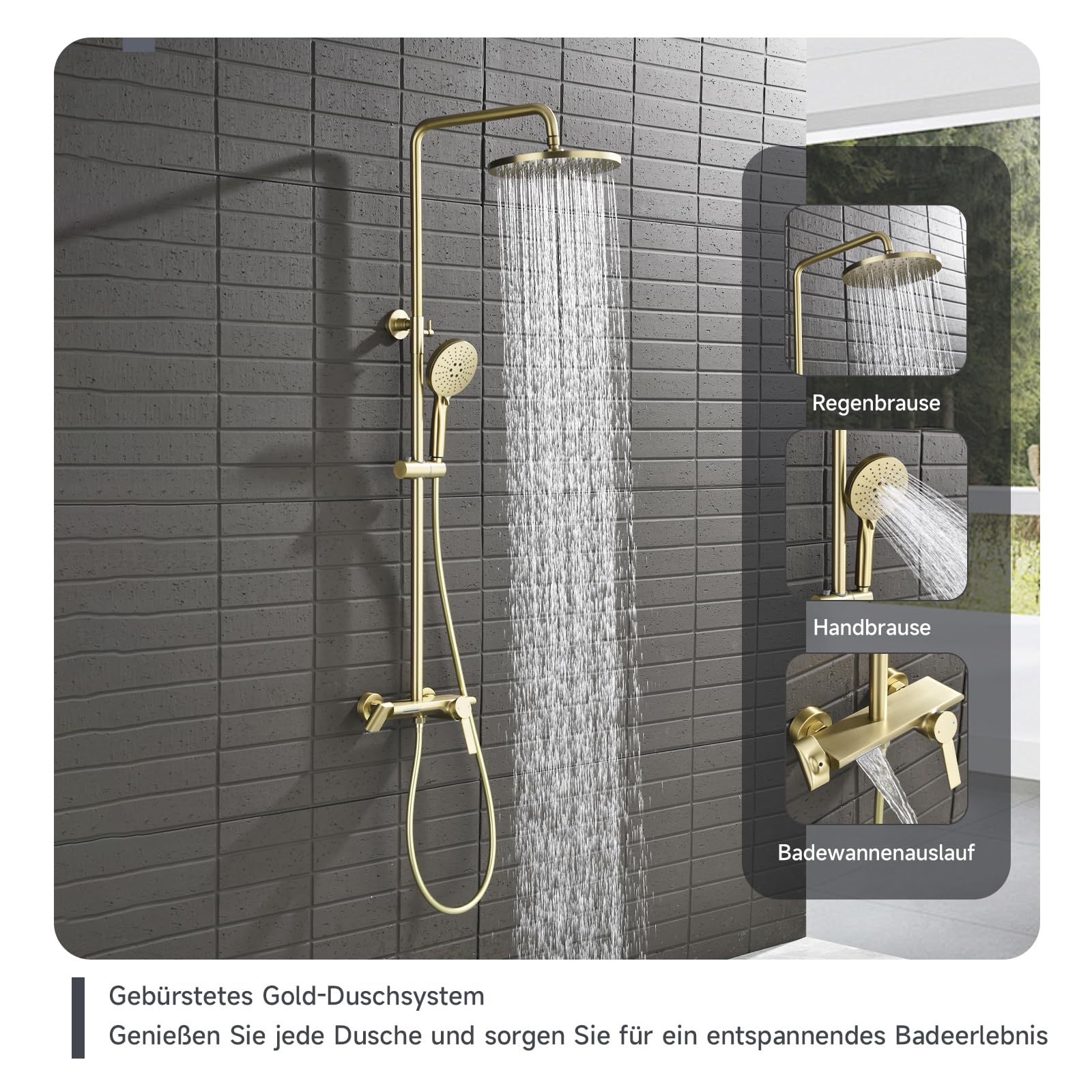Duschsystem,3-in-1-Duschset Gebürstetes Gold,mit 260 mm runder Regenduschkopf,3 Modus Handbrause,und einem unteren Wasserauslass,360° Verstellbarer Regendusche Duschkopf,Multifunktionales Ablagefach
