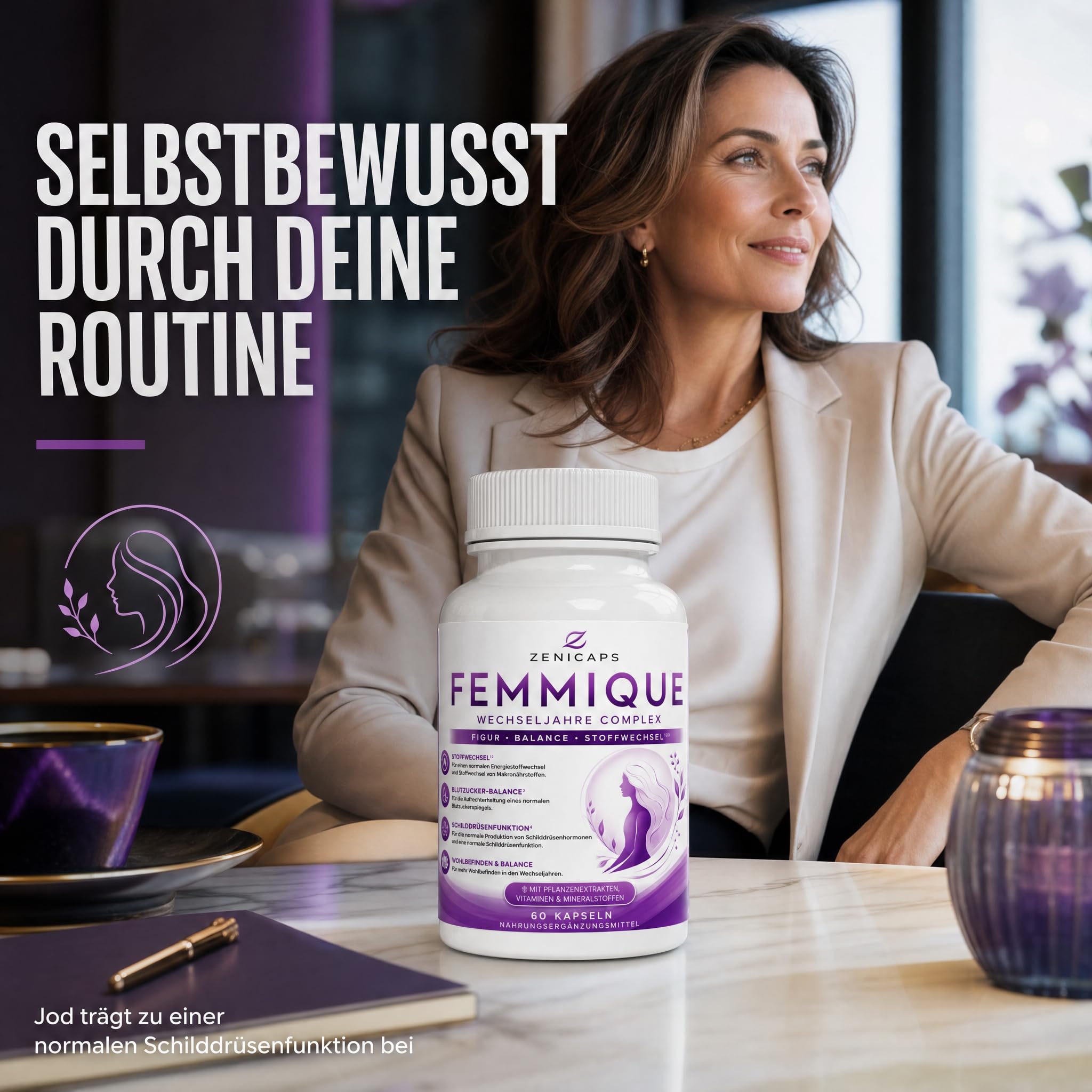 FEMMIQUE Wechseljahre Complex 60 Kapseln – Frauen Komplex mit Jod & Chrom – für normalen Energiestoffwechsel, Makronährstoffwechsel & Schilddrüsenfunktion