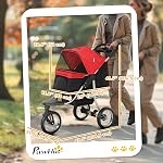 PawHut Pet Poussette pour petits chiens, 3 Roues en caoutchouc Pet Jogger, Poussette pour chien tout-terrain pliable, Canopée réglable, Porte de fenêtre en maille zippée, Panier de rangement, Rouge