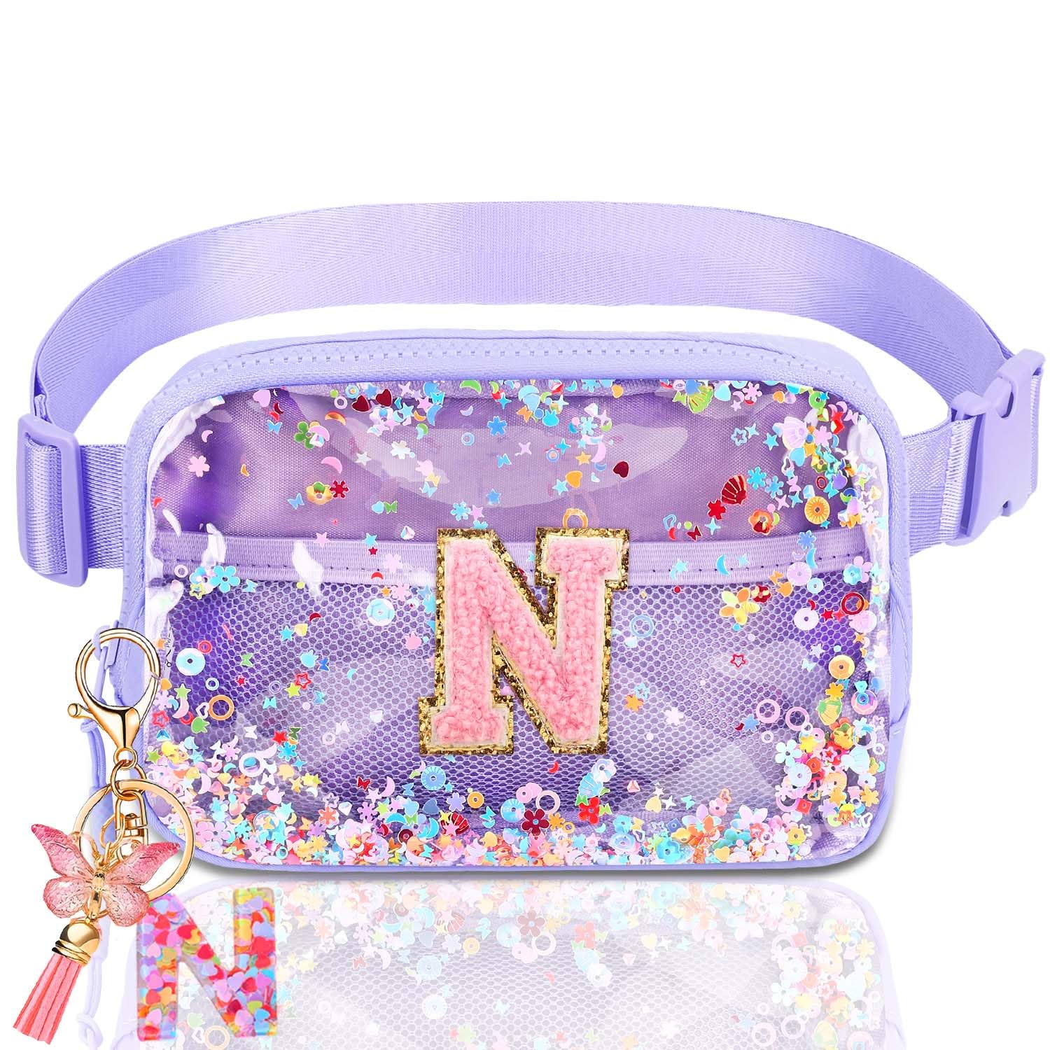 Initial Fanny Pack for Girls - Belt Bag for Teens Kid Teen Girl Kid Birthday Gift Clear Purple N