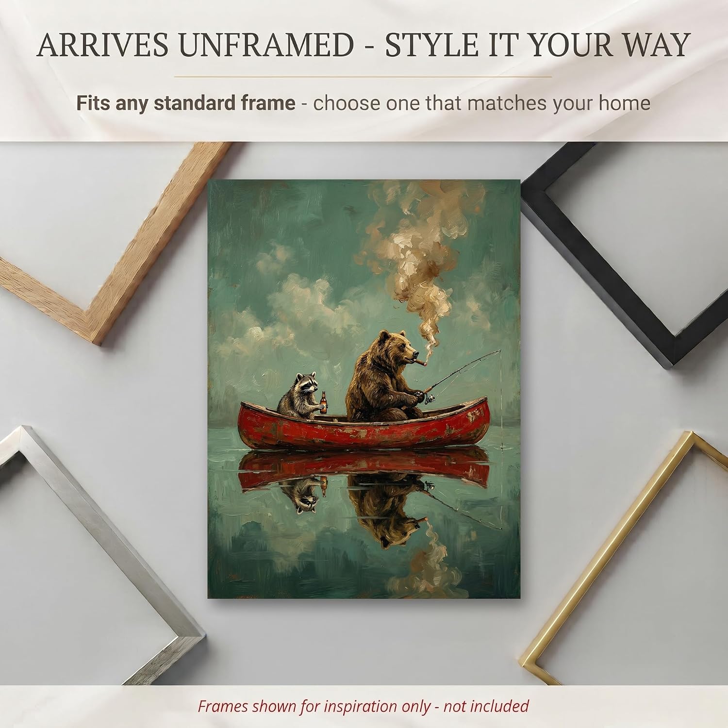 Bear Wall Art Fishing Wall Decor - Whimsical Fishing Poster 12x16 UNFRAMED