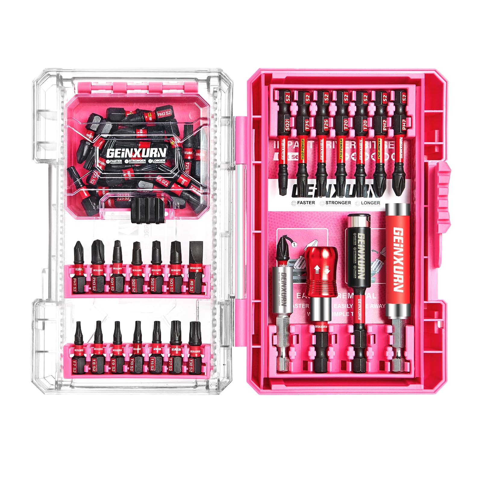 Geinxurn 56Pieces Impact Screwdriver Bits Set, Magnetic S2 Steel Phillips/Slotted/Square/Torx Insert Power Bits Tips, Impact Bit Holder with Pink