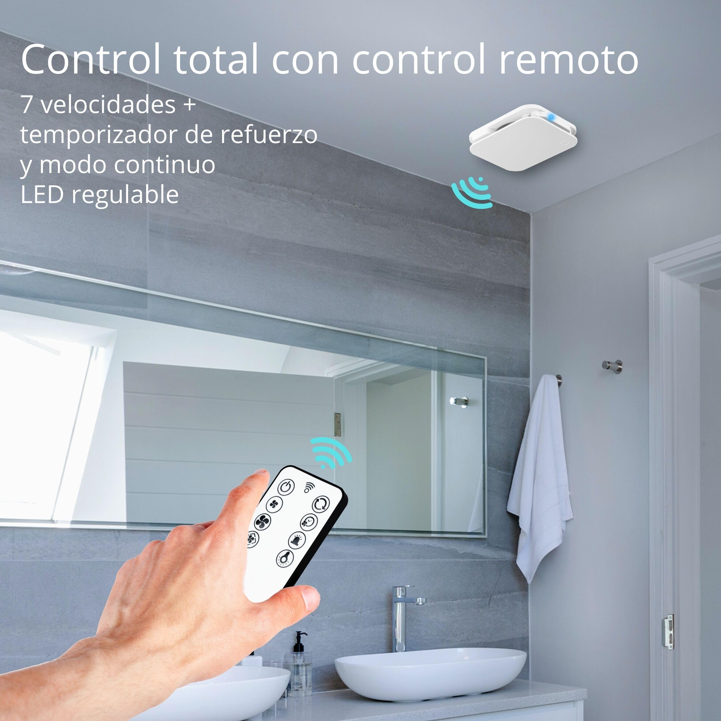 Turbionaire Trend Plus 100 mm Extractor para Baño, Mando a Distancia, Multifunción, 22dB, máx. 5.7 W, 7 velocidades + boost, Garantía de 3 años, Válvula de retención, Temporizador, Silencioso