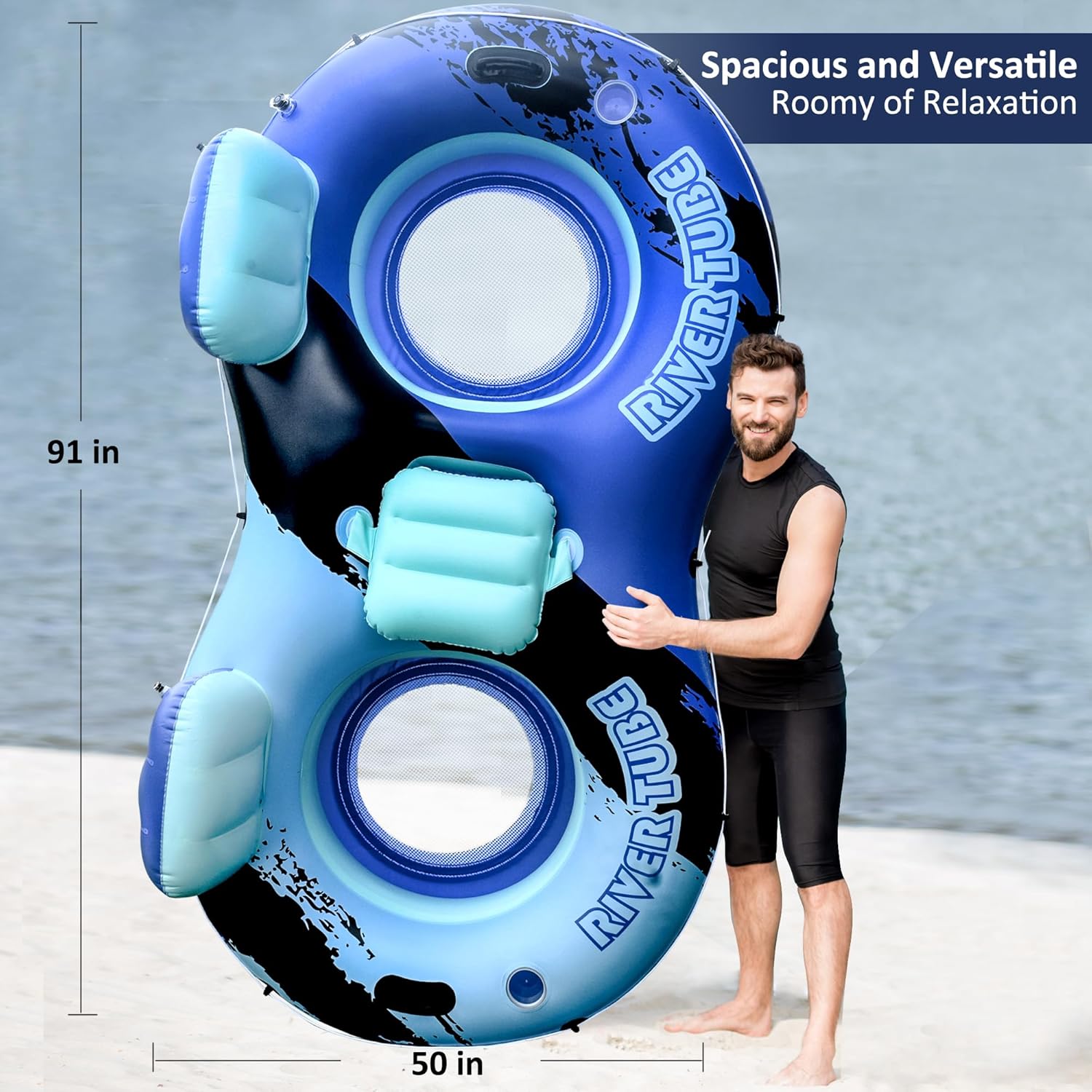 Heavy Duty Double River Tube, 2-Person Inflatable Floating Tube with Backrest, 2 Cup Holders, Handles, Oversized Inflatable Pool Float for familiy, Lake Floats for Adults,Blue