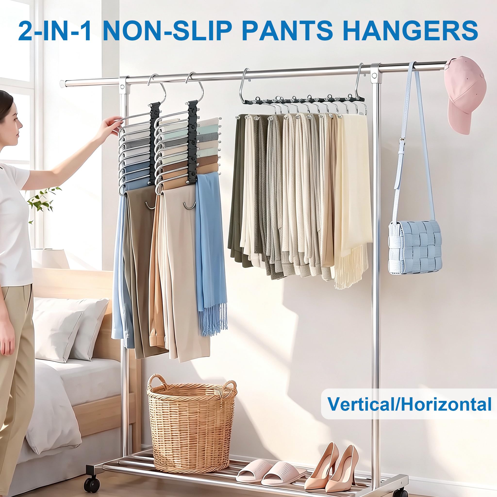 Lot de 4 cintres multifonctionnels à 9 couches en acier inoxydable antidérapant pour pantalons de type S avec crochets pour pantalons, jeans, écharpes (lot de 4, noir)