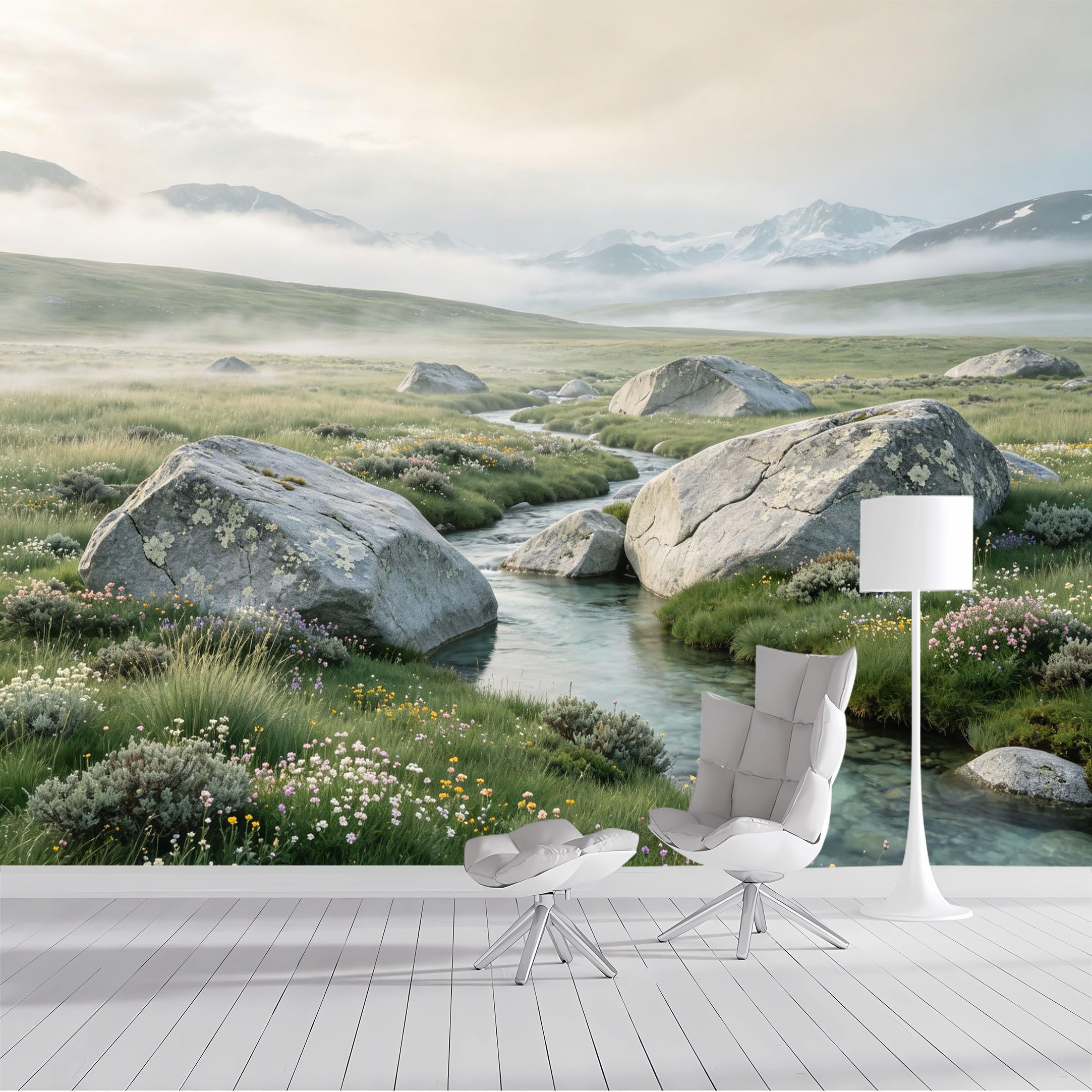 Custom Size Wall Mural Misty Mountain Landscape River Stream Floral Meadow Panoramic SelfAdhesive Wall Fabric Removable Peel and Stick Wallpaper Wall Decor for Living Room Bedroom Bathroom