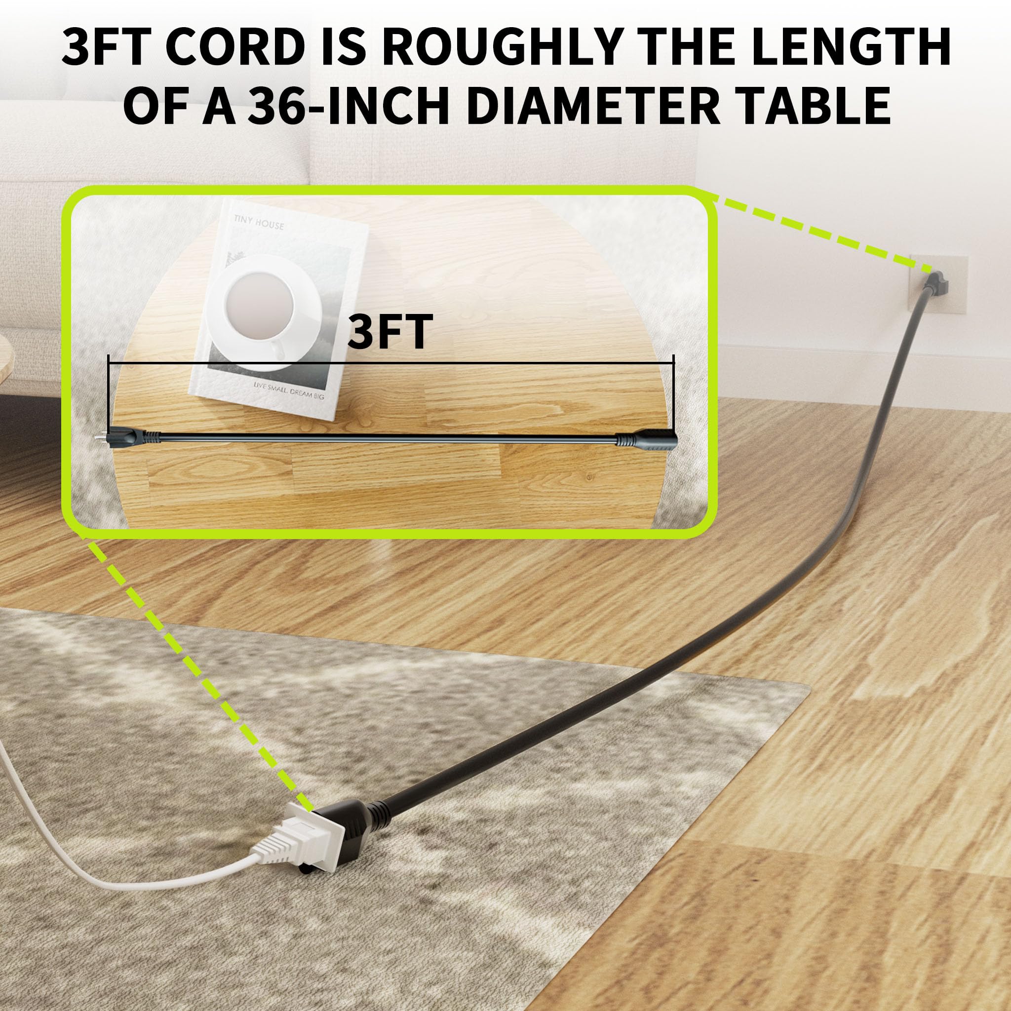 16 3 3FT 13A 125V 1625W Black Indoor Extension Cord Short Extension Cord for Laptops Coffee Makers Office — view 2