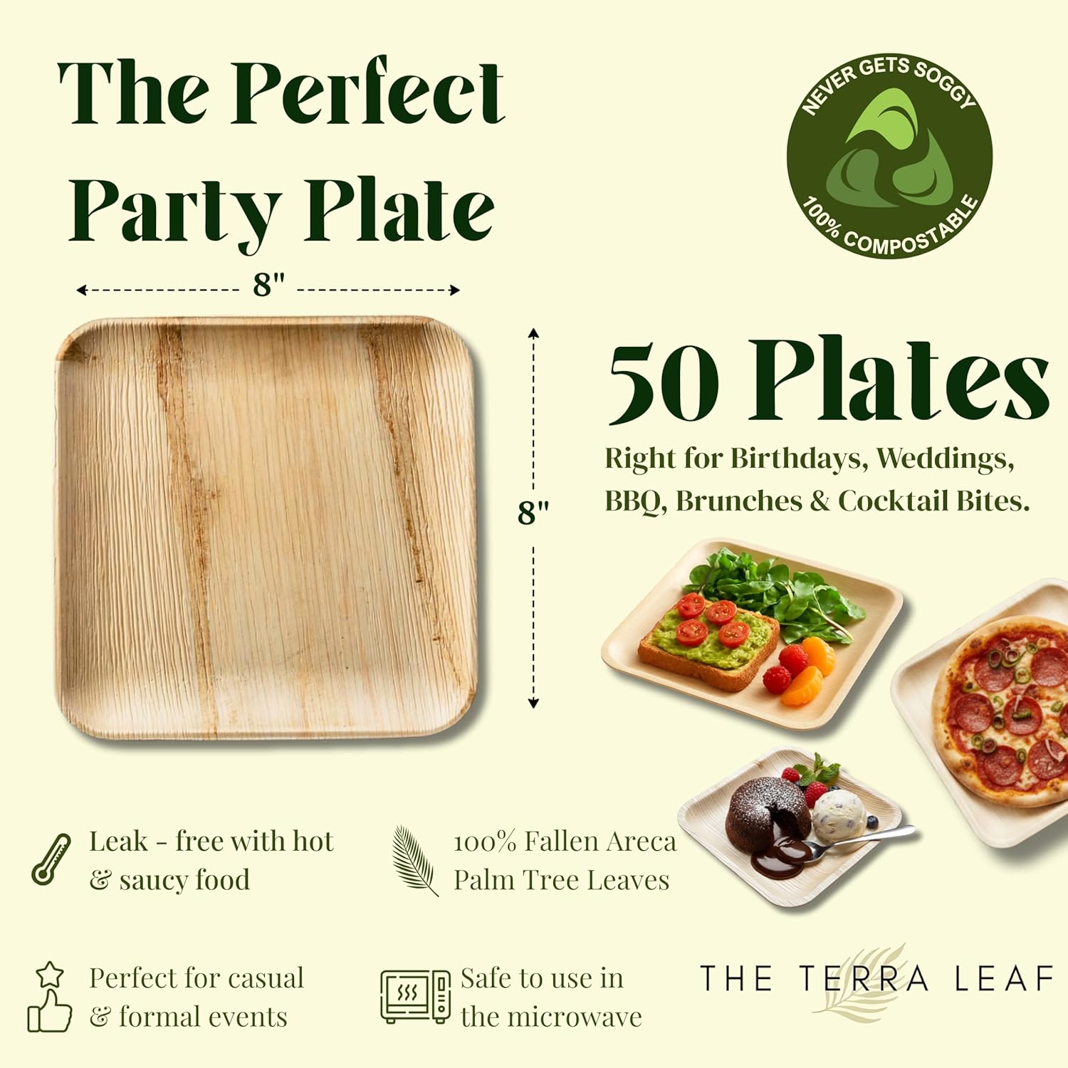 Palm Leaf Plates Bamboo Paper Plate Disposable 8 Inch 50 Bulk Appetizer Square Party Tableware Pack Biodegradable Compostable Wood Plate Better Plastic