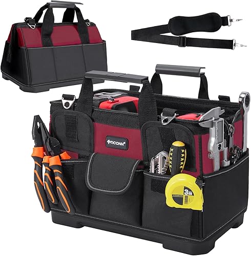 TICONN Bolsa de herramientas con múltiples bolsillos de boca ancha para herramientas con correas reflectantes de seguridad, correa de hombro