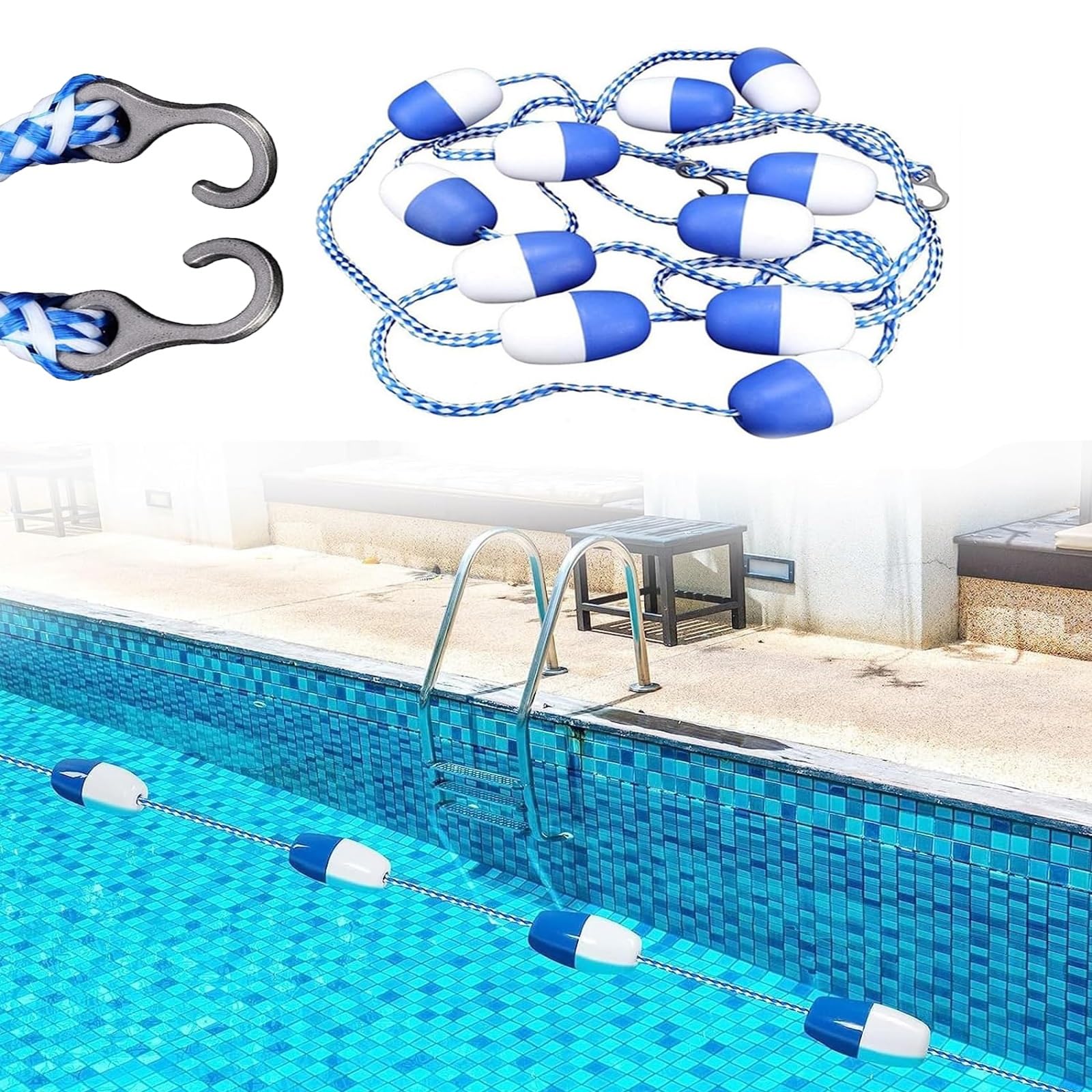 WOTZOV Floating Pool Safety Divider Swim Lane Line - Blue & White Rope Floats, Includes 2 Pre-Assembled Hooks, Ideal Swimming Pool Separator For Safe Swim Lanes，23ft/7m