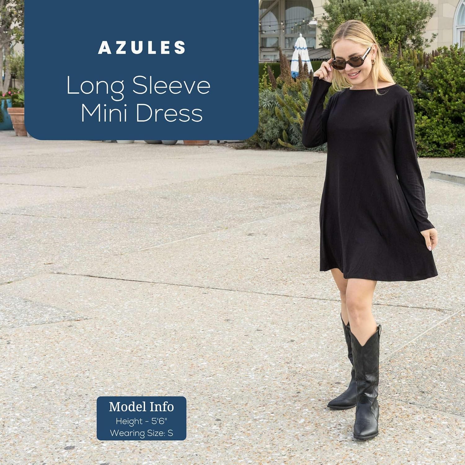 Azules Women’s Long Sleeve Tunic Dress – Casual Swing Mini Dress with Boat Neck & Scoop Back, Fall Winter Style - Image 2