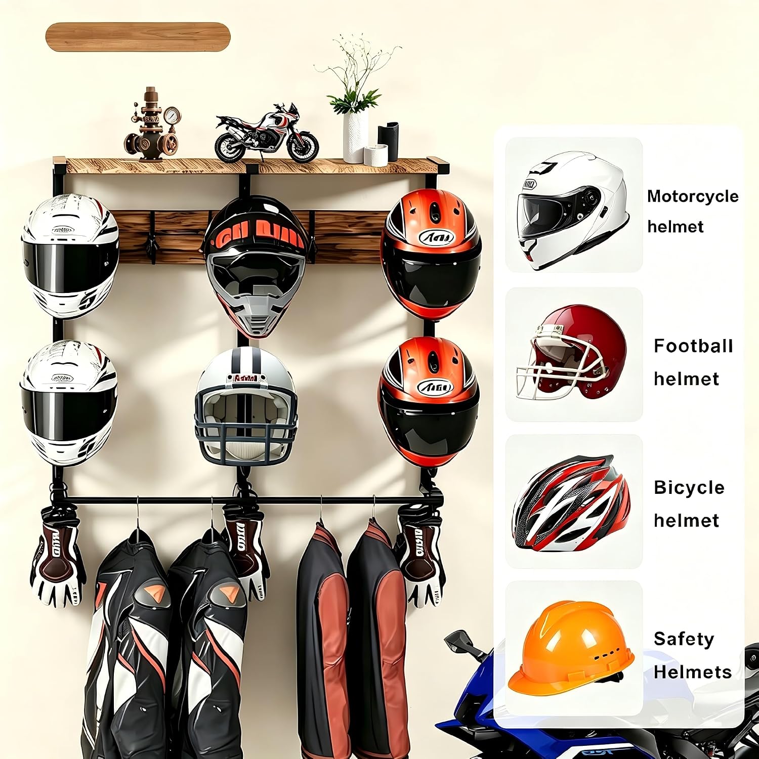 Motorcycle Helmet Holder Wall Mount, Motorcycle Gear Rack with 6 Hat Stands, Helmet Stand for Most Helmet and Clothes, Sturdy Construction Storage Organizer for Garages or Indoor