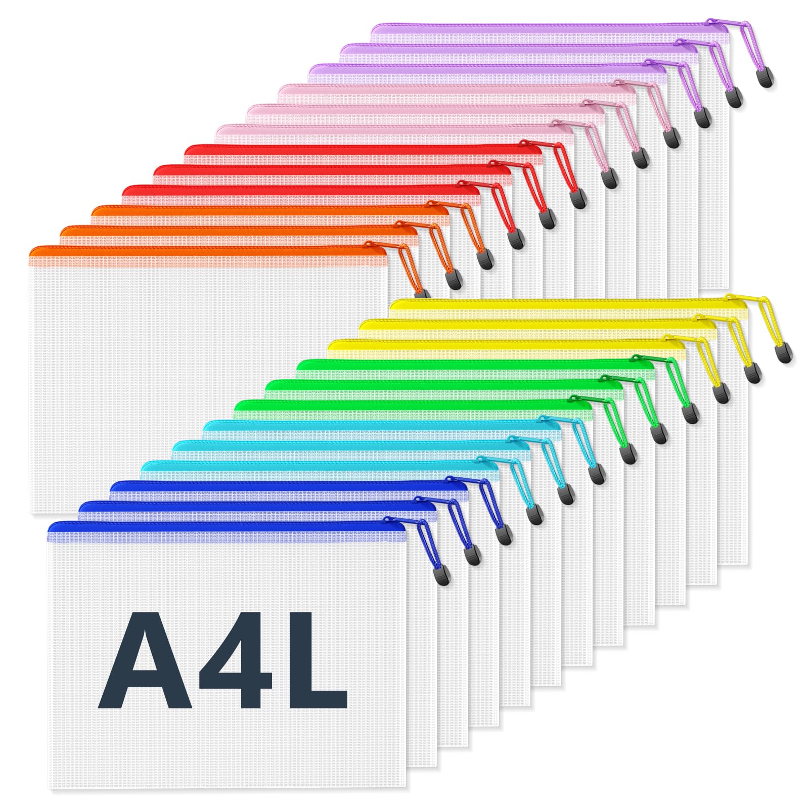 SUNEE Plastic Wallets A4L, 24 Pack Mesh Zip Lock Document Wallets & File Bags, Waterproof Plastic Folders A4L for School, Office, Home and Travel Storage - 8 Colours