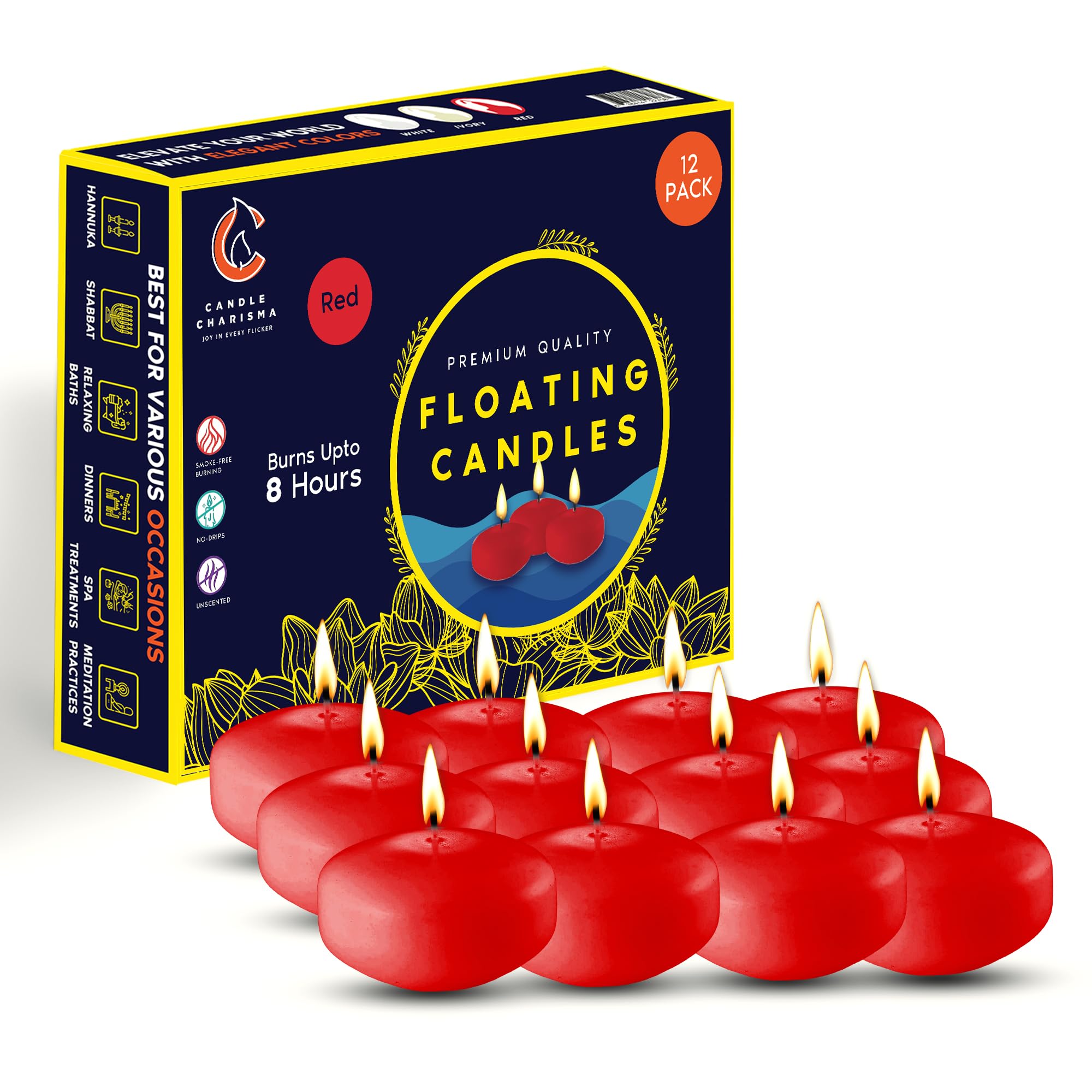 Candle Charisma Red Floating Candles 3 Inch (Set of 12) – 8-Hour Dripless, Smokeless Burn with Natural Flickering Flame – Perfect for Weddings, Centerpieces, Pool Nights & Special Events