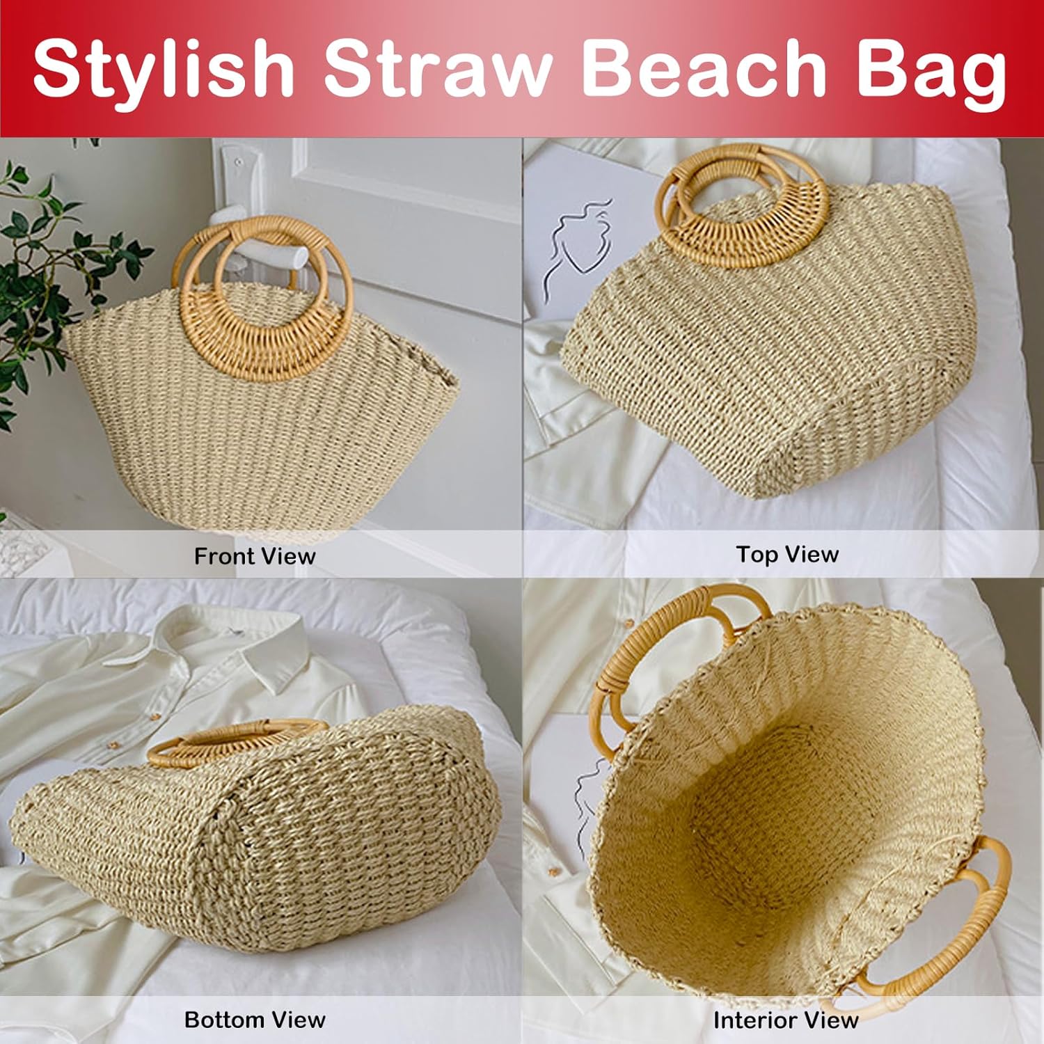 QZUnique Hand-woven Straw Bag Women Summer Beach Handbag Purse Retro Rattan Tote Clutch Travel Bag with Wood Round Top Handle