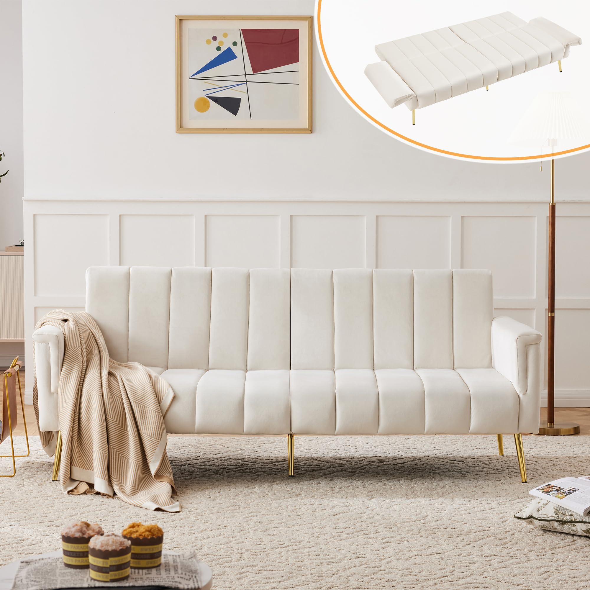 Moderno divano letto pieghevole, divano letto con piedini ausiliari, funzione sonno, tessuto in velluto, adatto per soggiorno, camera da letto, home cinema, camera degli ospiti (beige)