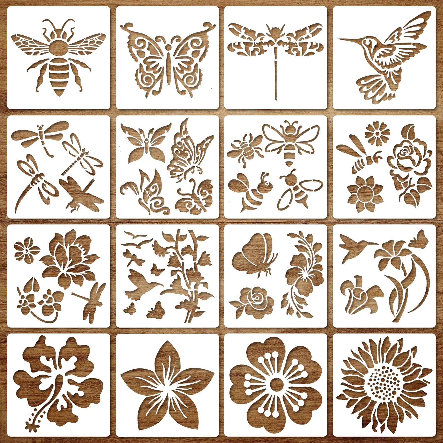 OPUHOHR 16PCS Butterfly Floral Stencil Spring Summer Large Reusable Hummingbird Painting Templates, Insects Flowers Stencils for Painting on Wood, Wall, Furniture
