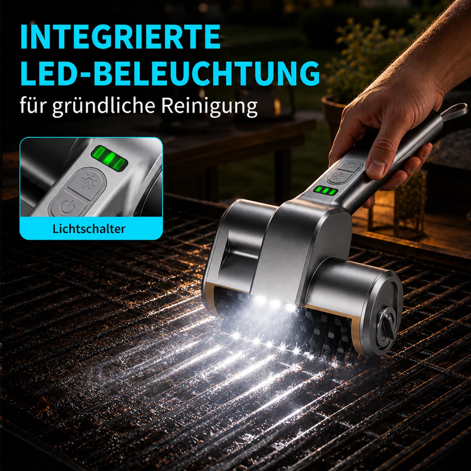 Elektryczna szczotka do grilla z oświetleniem LED, szczotka do grilla z akumulatorem z 2-stopniową czyszczeniem, wodoodporna i ładowalna szczotka do czyszczenia grilla BBQ, ruszt żeliwny, grill gazowy