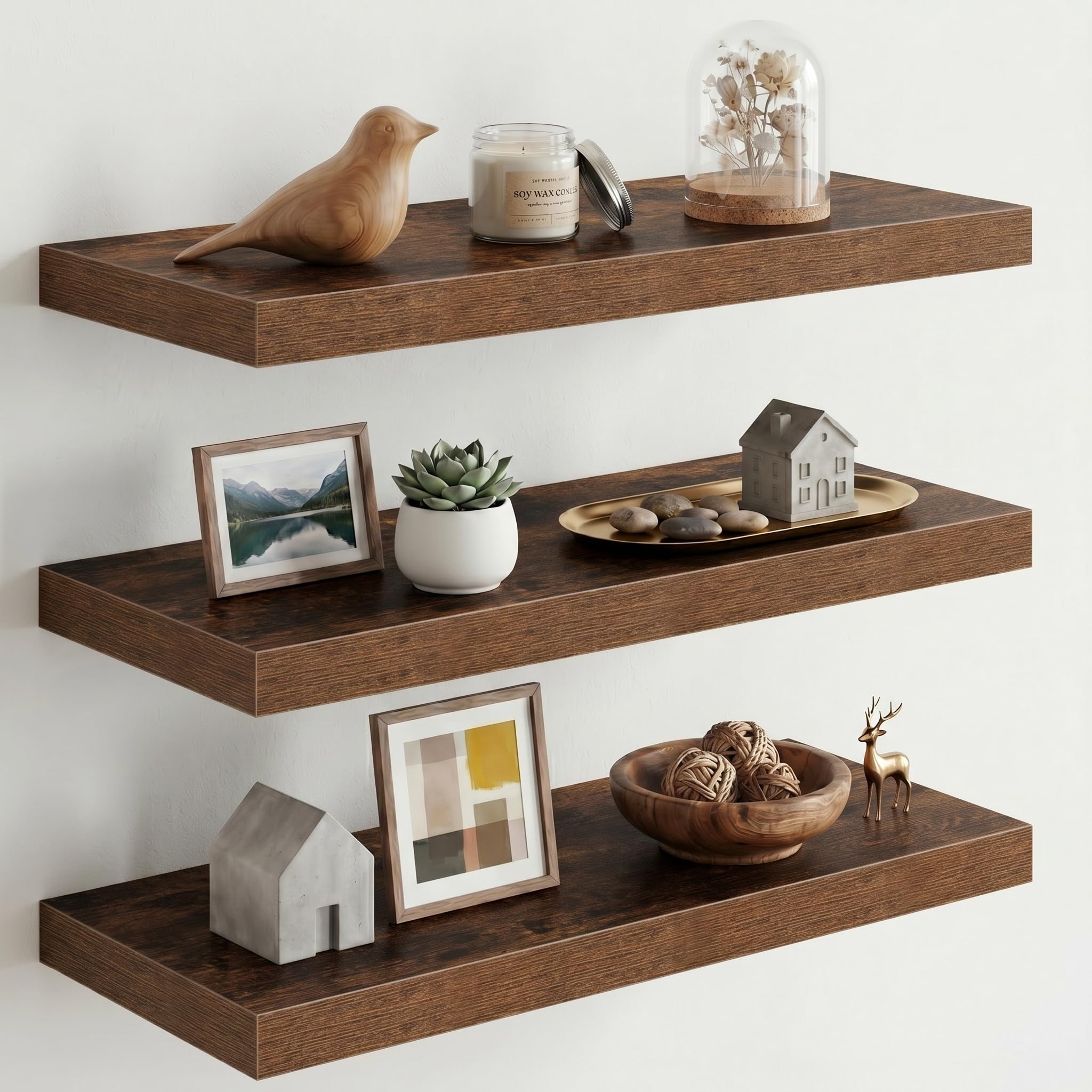 Fun Memories 10" Deep Floating Shelves with Invisible Brackets, 24" Wall Shelves for Bathroom Bedroom Living Room, Modern Rustic Shelves for Home Decor, 24" W x 10" D x 1.5" H, Set of 3, Brown