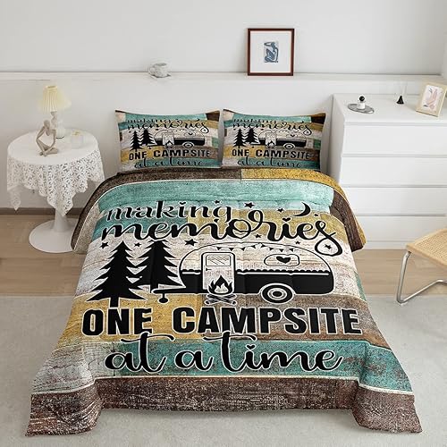 Juego de ropa de cama con temática de cámper, juego de edredón de cabaña de madera marrón y verde, tamaño matrimonial, 3 piezas, decoración de